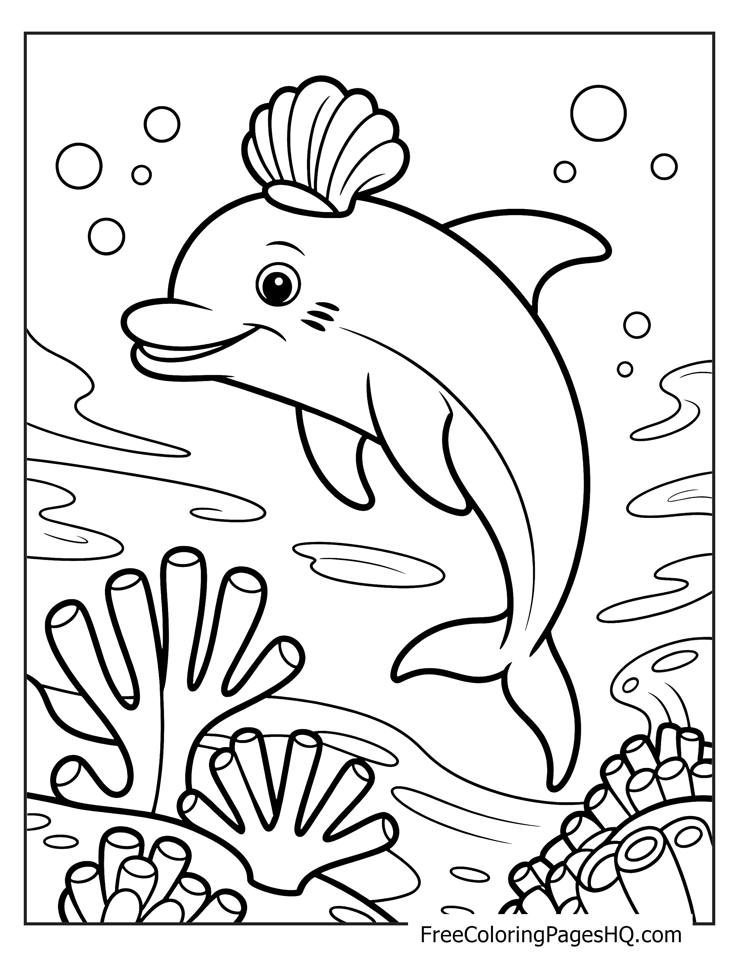A joyful dolphin with a seashell on its head swims among coral and bubbles.