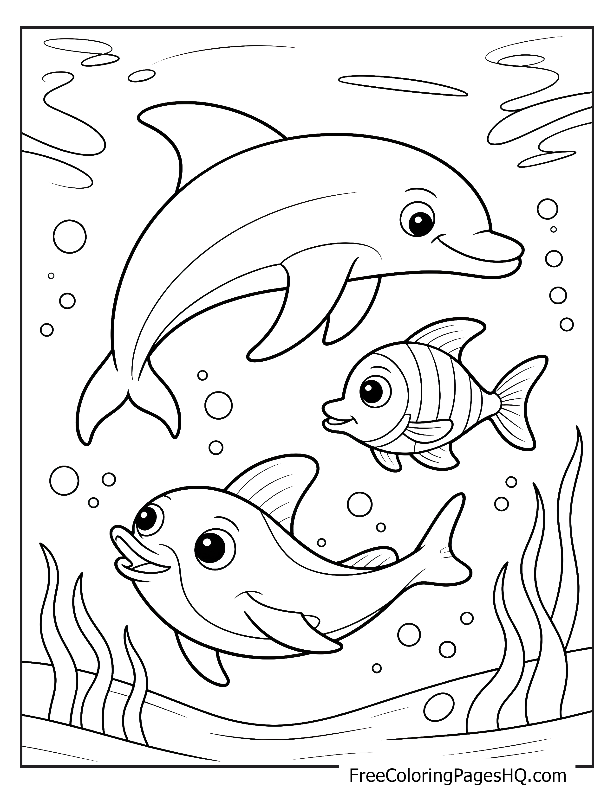 Three smiling dolphins swim among bubbles and sea plants underwater.