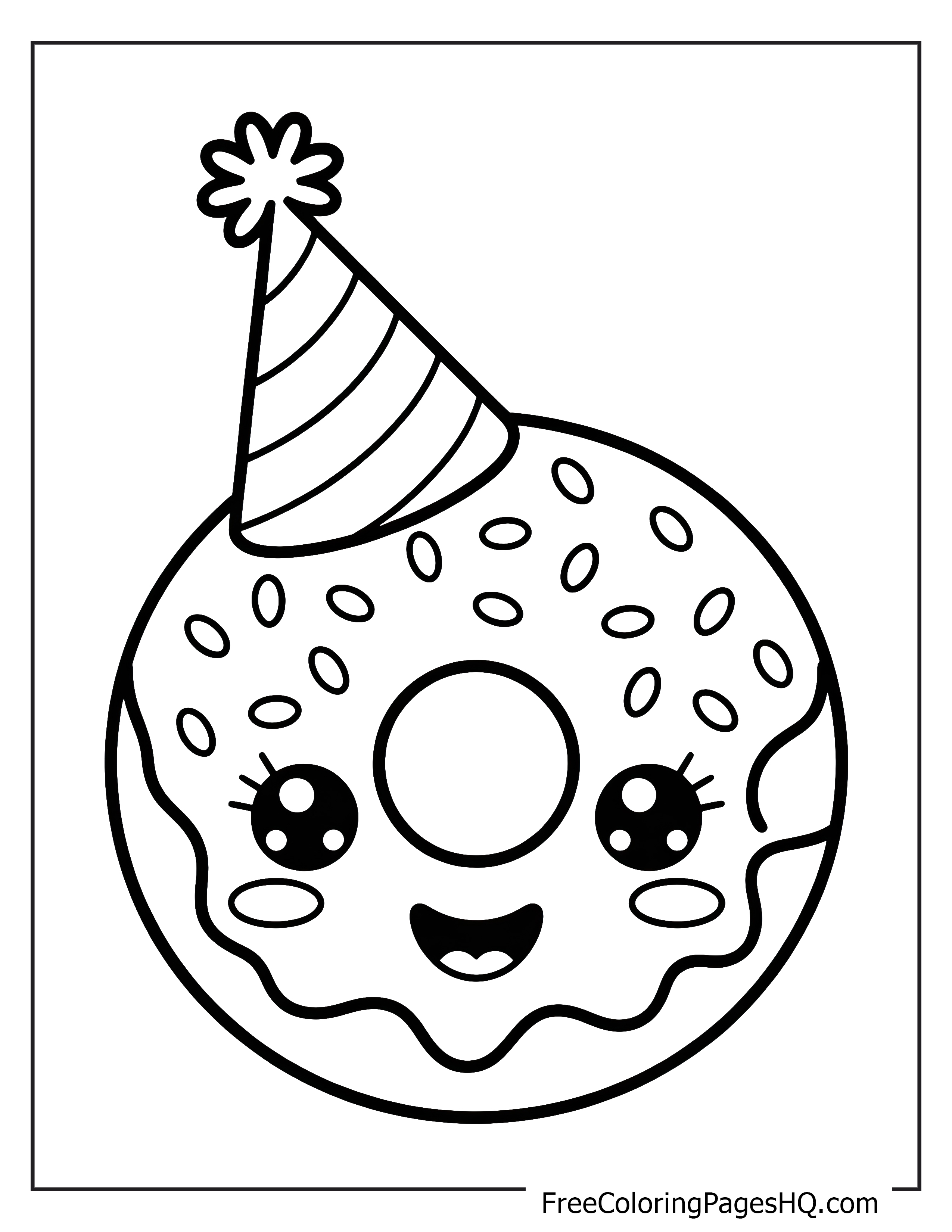 Smiling donut wearing a party hat illustration.