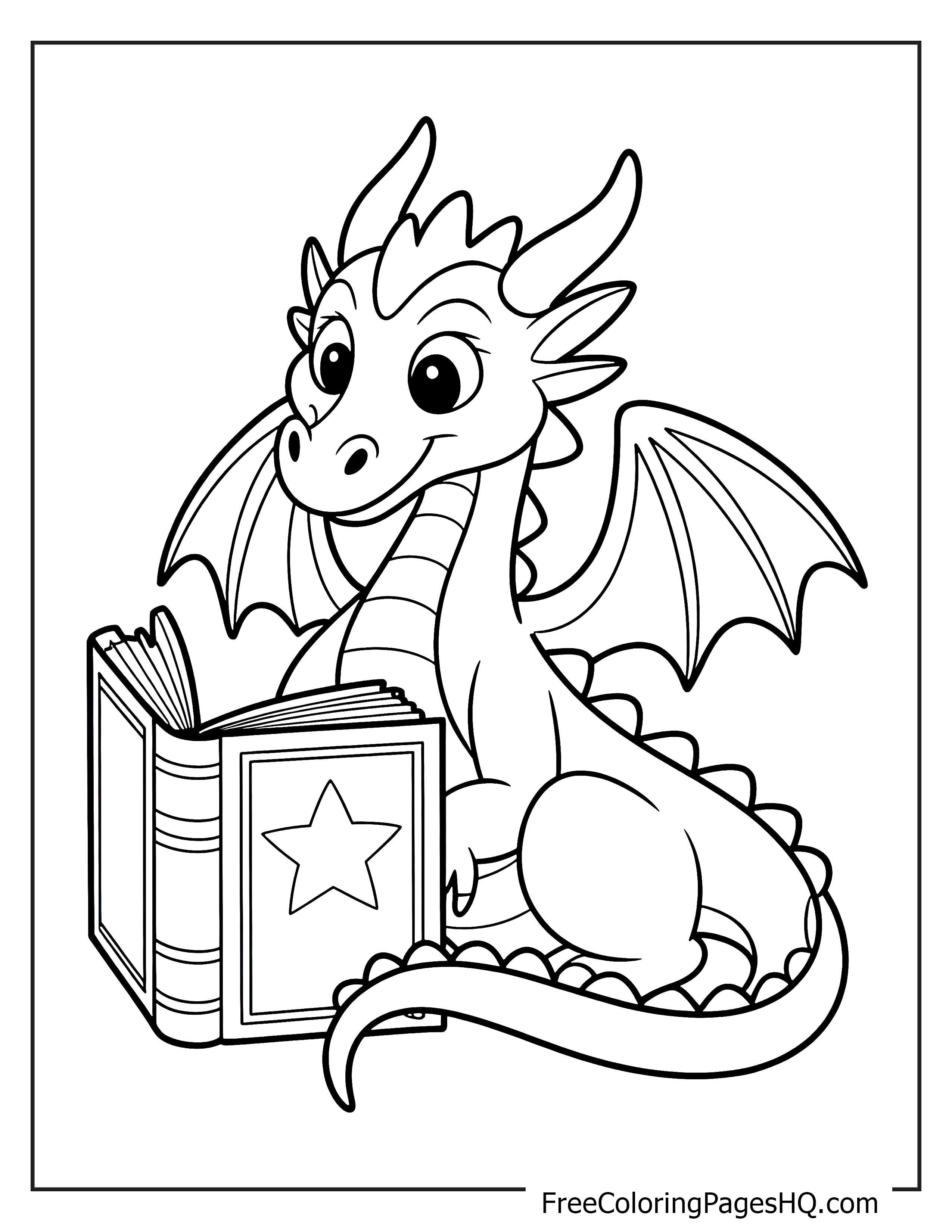 Friendly dragon enjoying a book illustration for children.