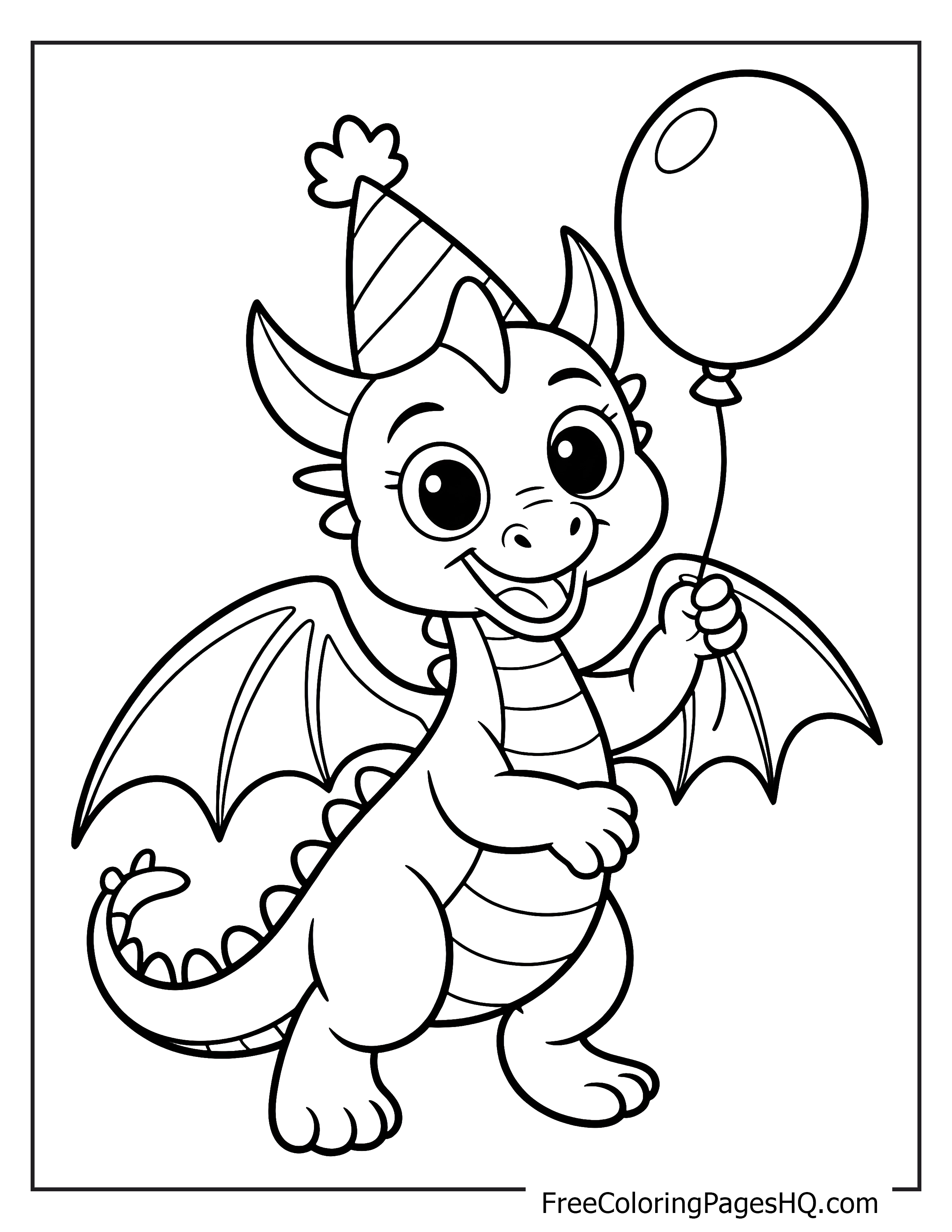 Cute dragon celebrating with a balloon and party hat.