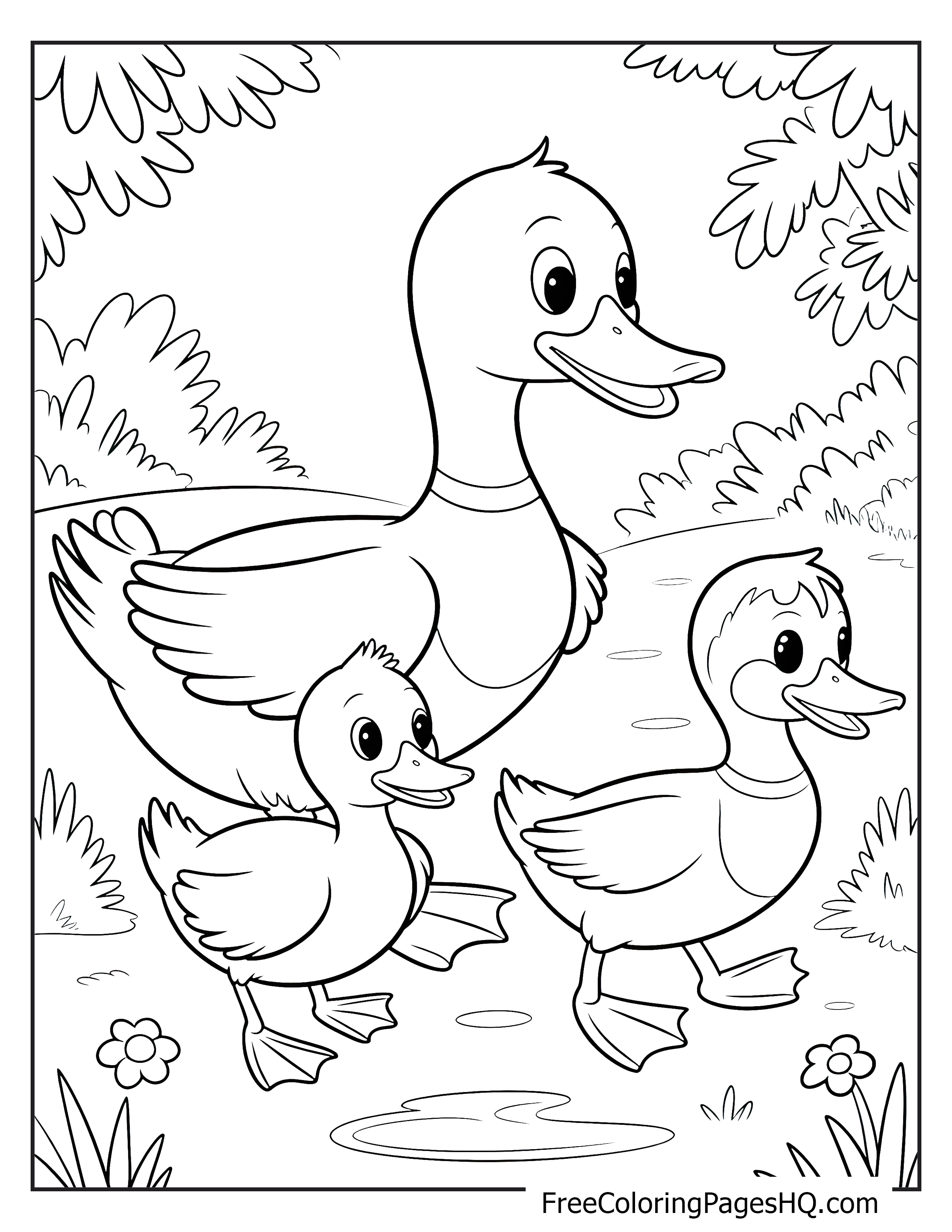 Mother duck with two ducklings walking through a park.