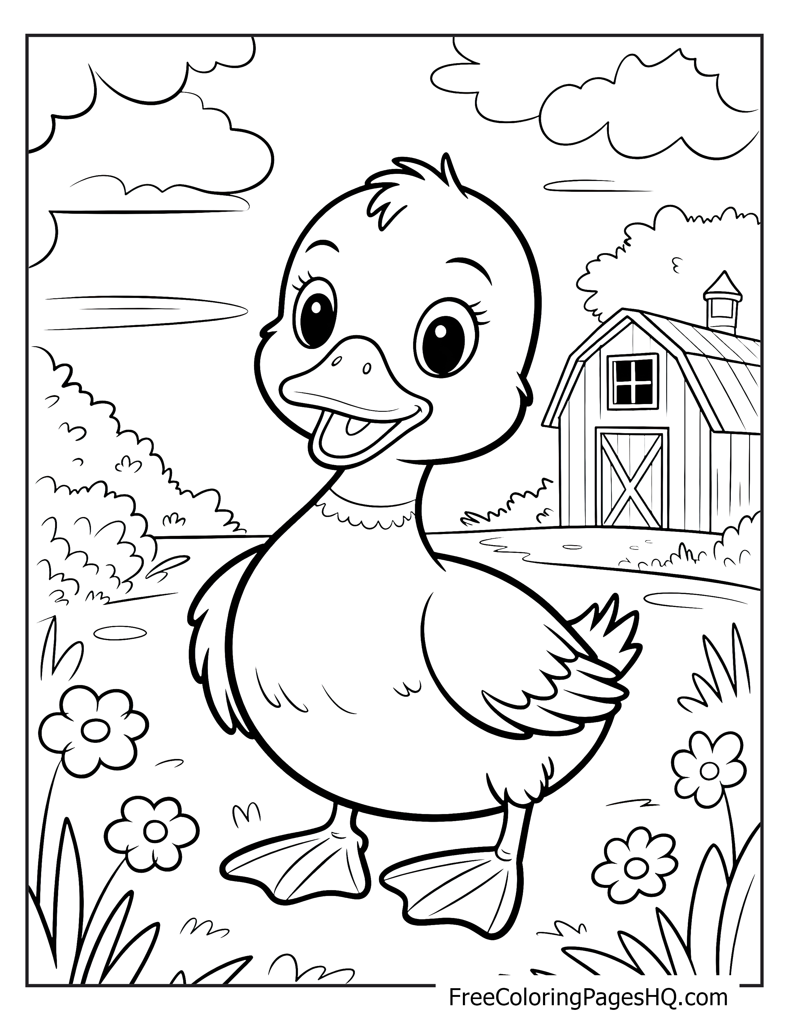 A smiling duckling in a field next to a barn with flowers.