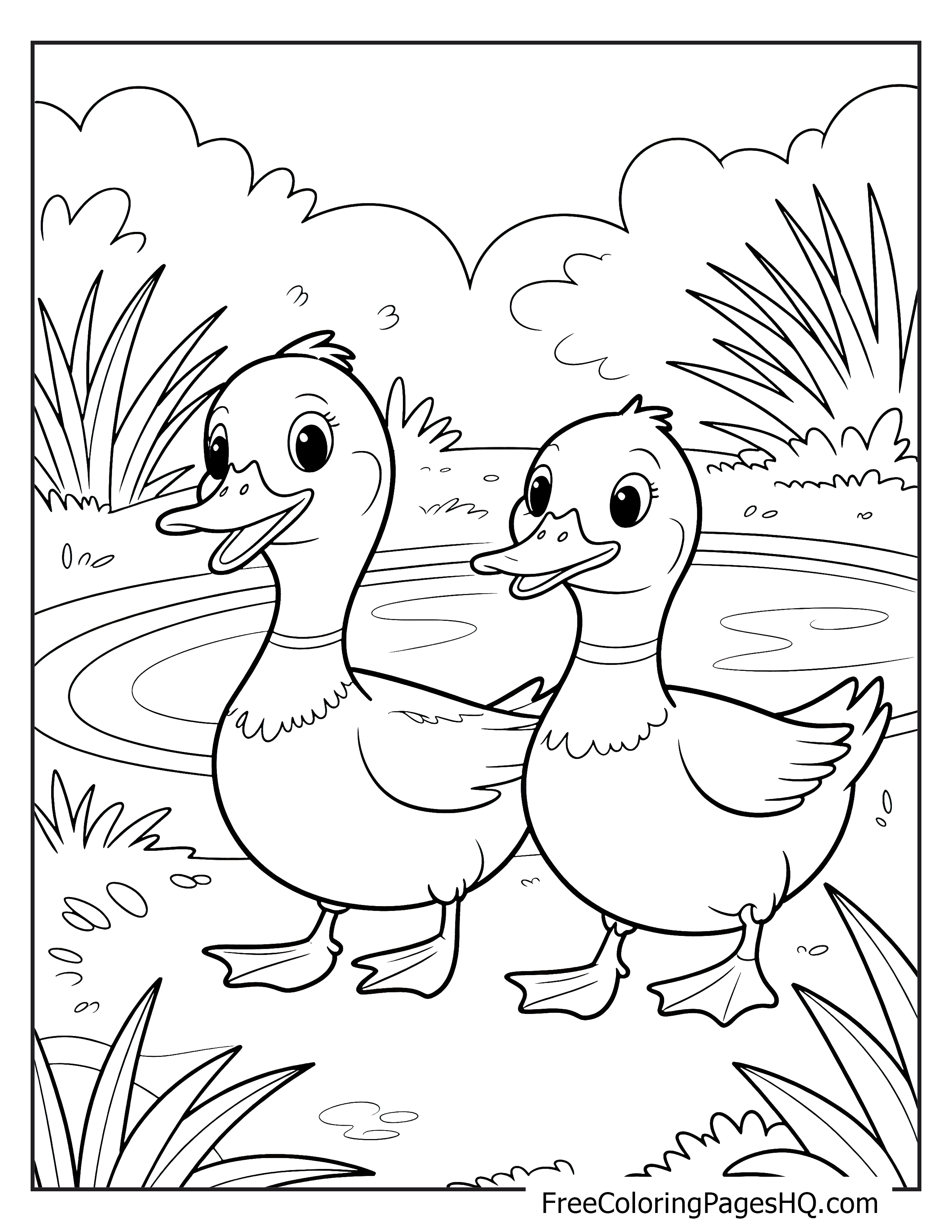 Two ducklings walking next to a pond with plants around them.