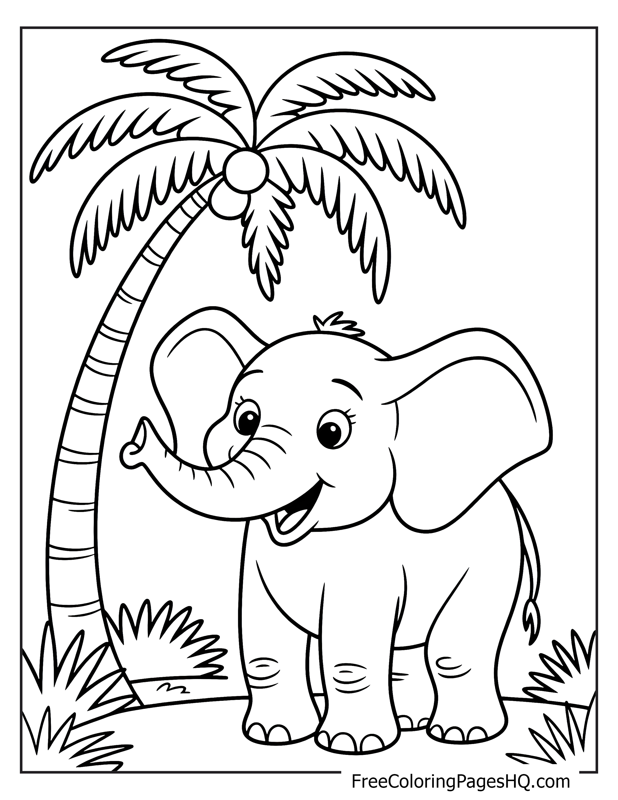 Cheerful elephant next to a tall palm tree with a big smile.