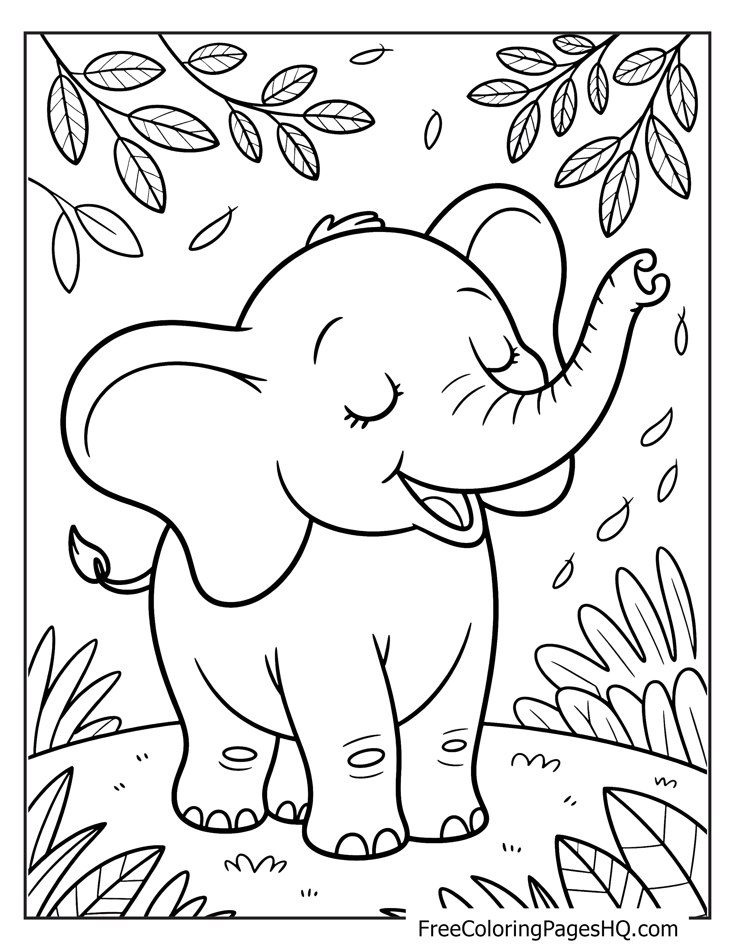 Smiling elephant surrounded by leaves illustration for children.