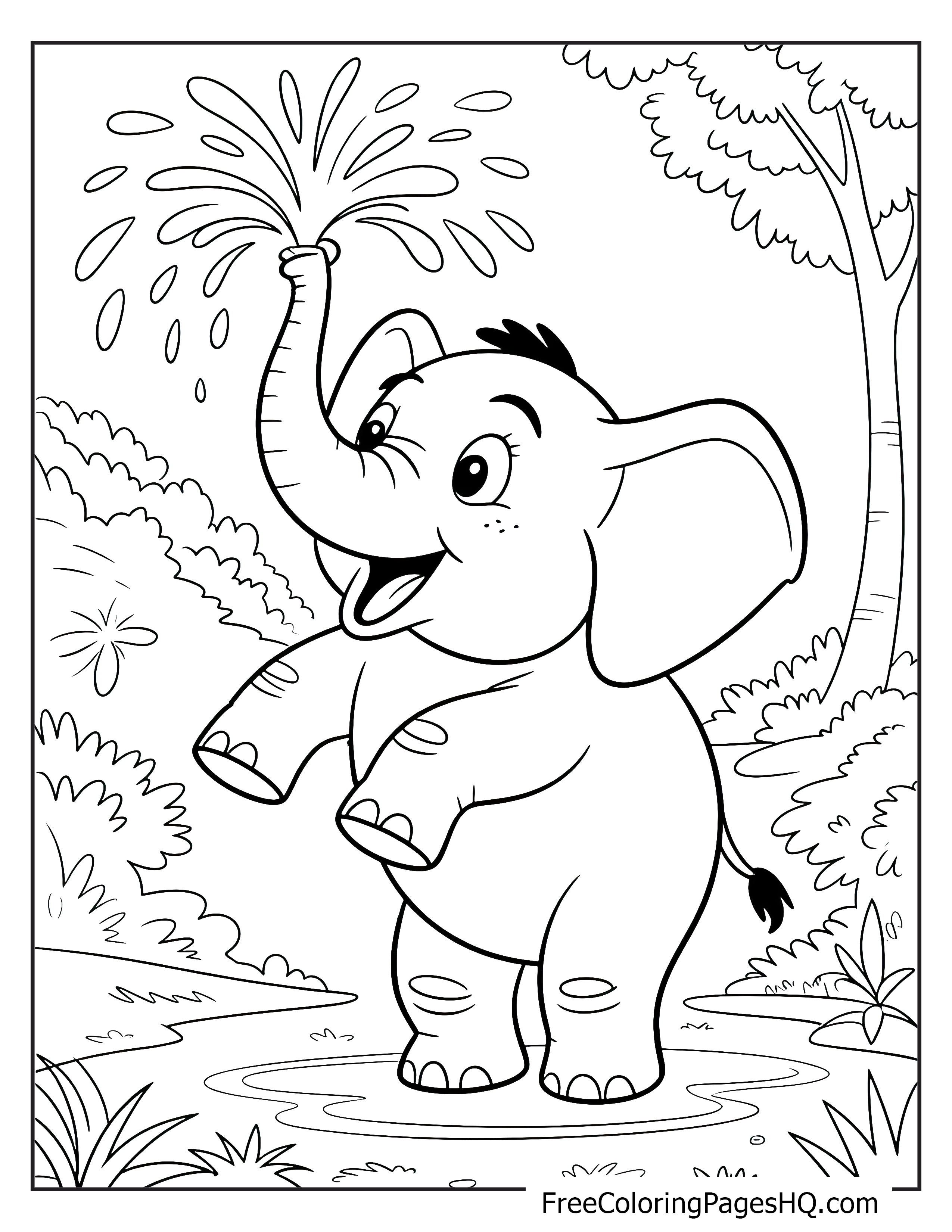 A cheerful elephant uses its trunk to spray water in a forest.