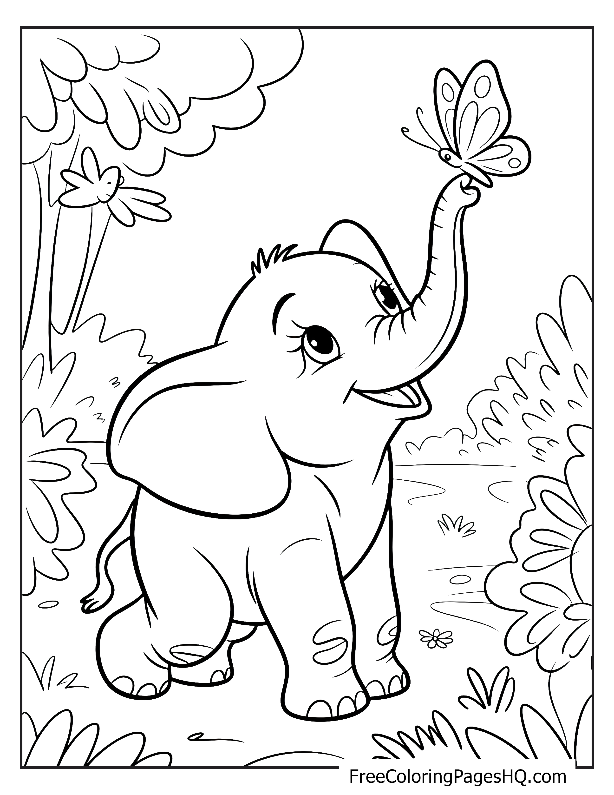 Baby elephant in a forest clearing plays with a butterfly on its trunk.