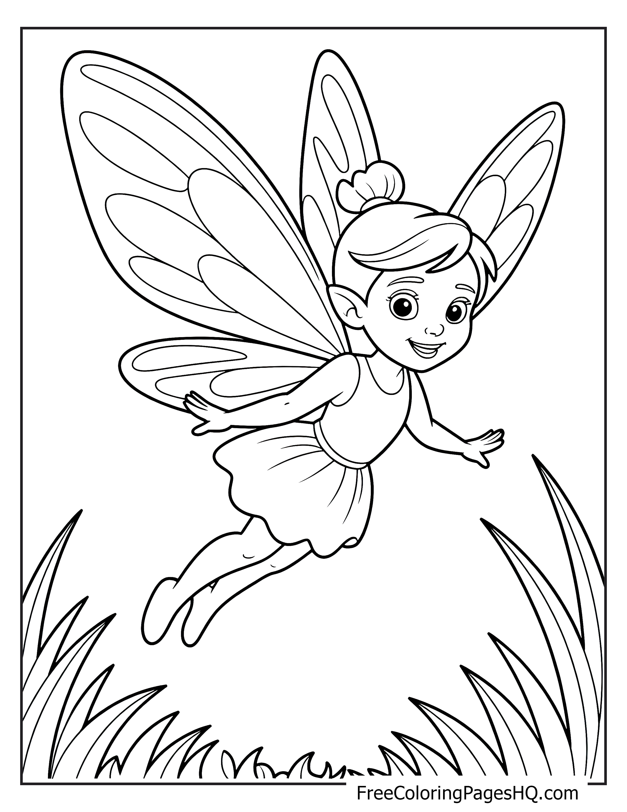A joyful fairy with wings hovering above the grass, smiling widely.