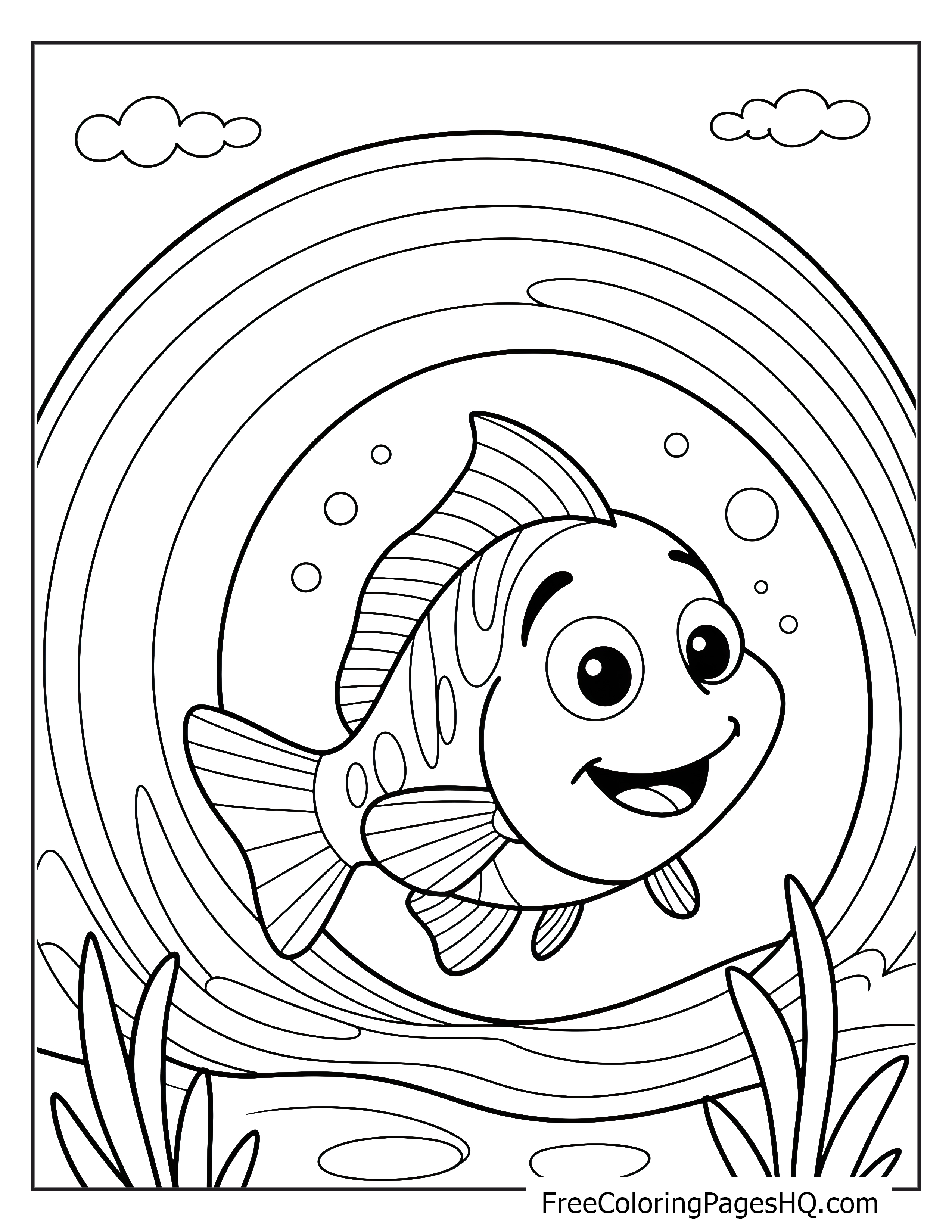 Smiling fish with bubbles and rainbow waves.