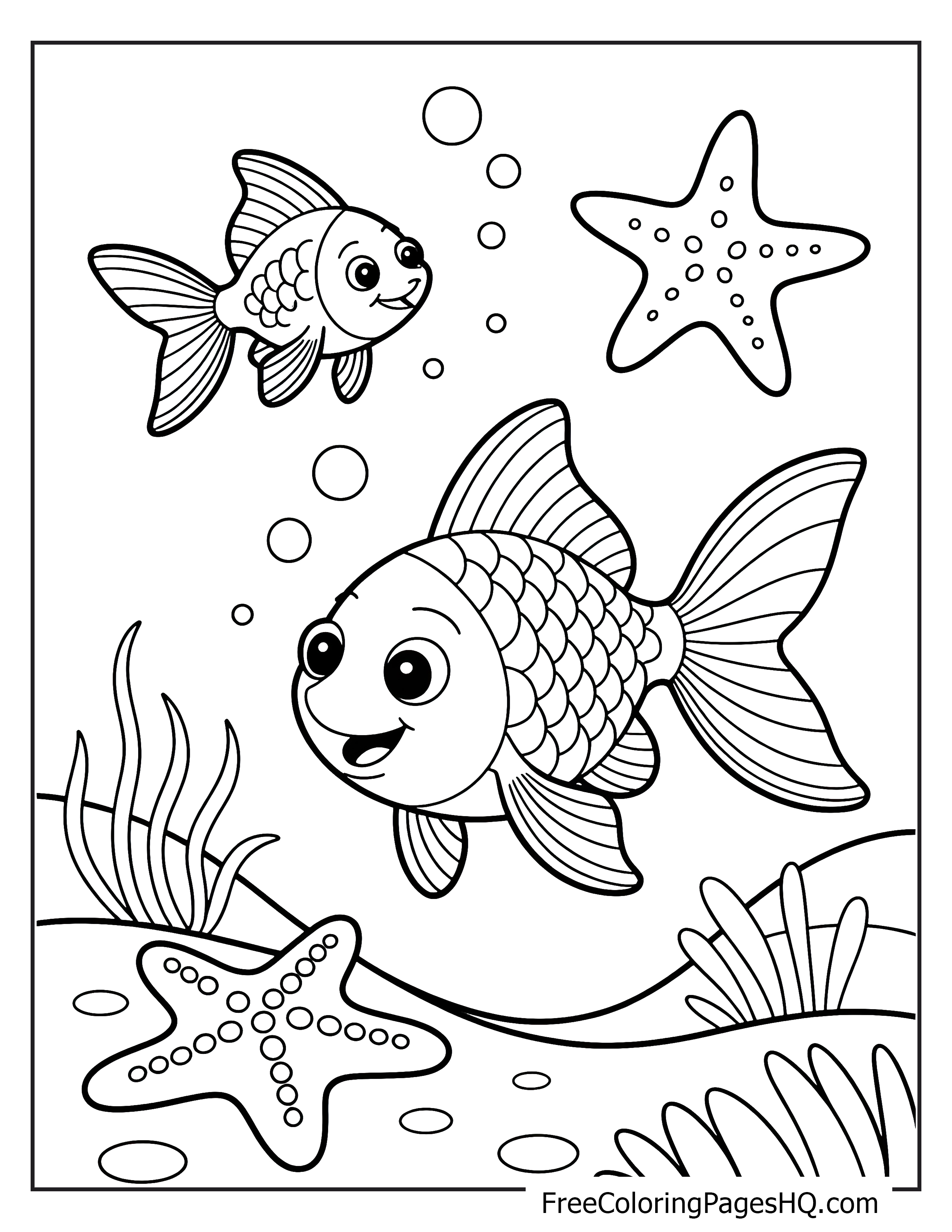 Underwater scene with cheerful fish and starfish.