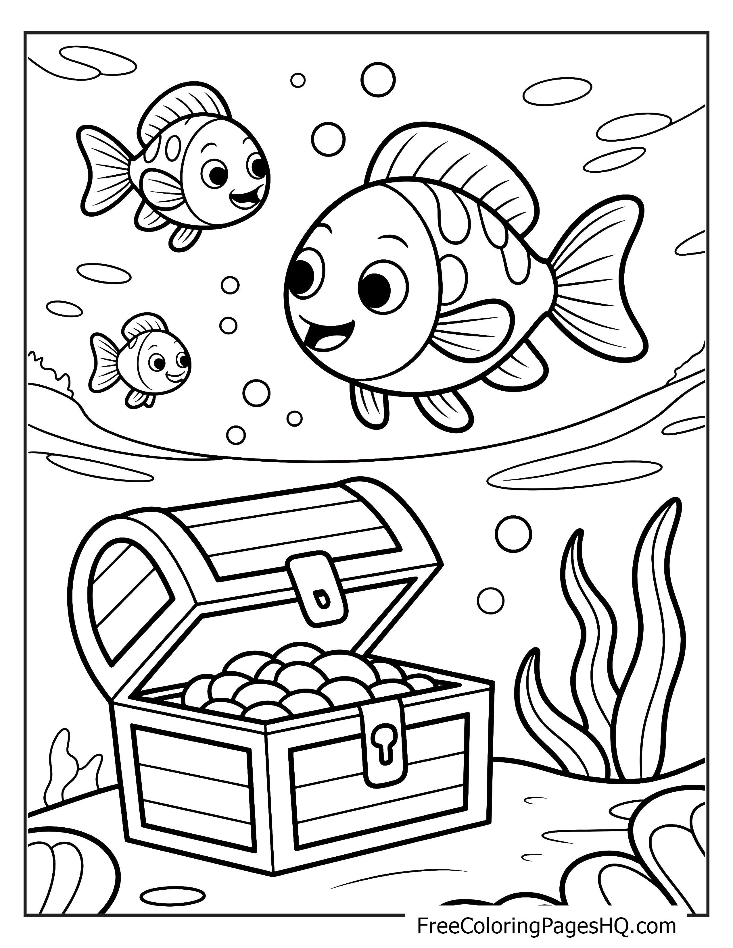 Cute fish and underwater treasure chest illustration.