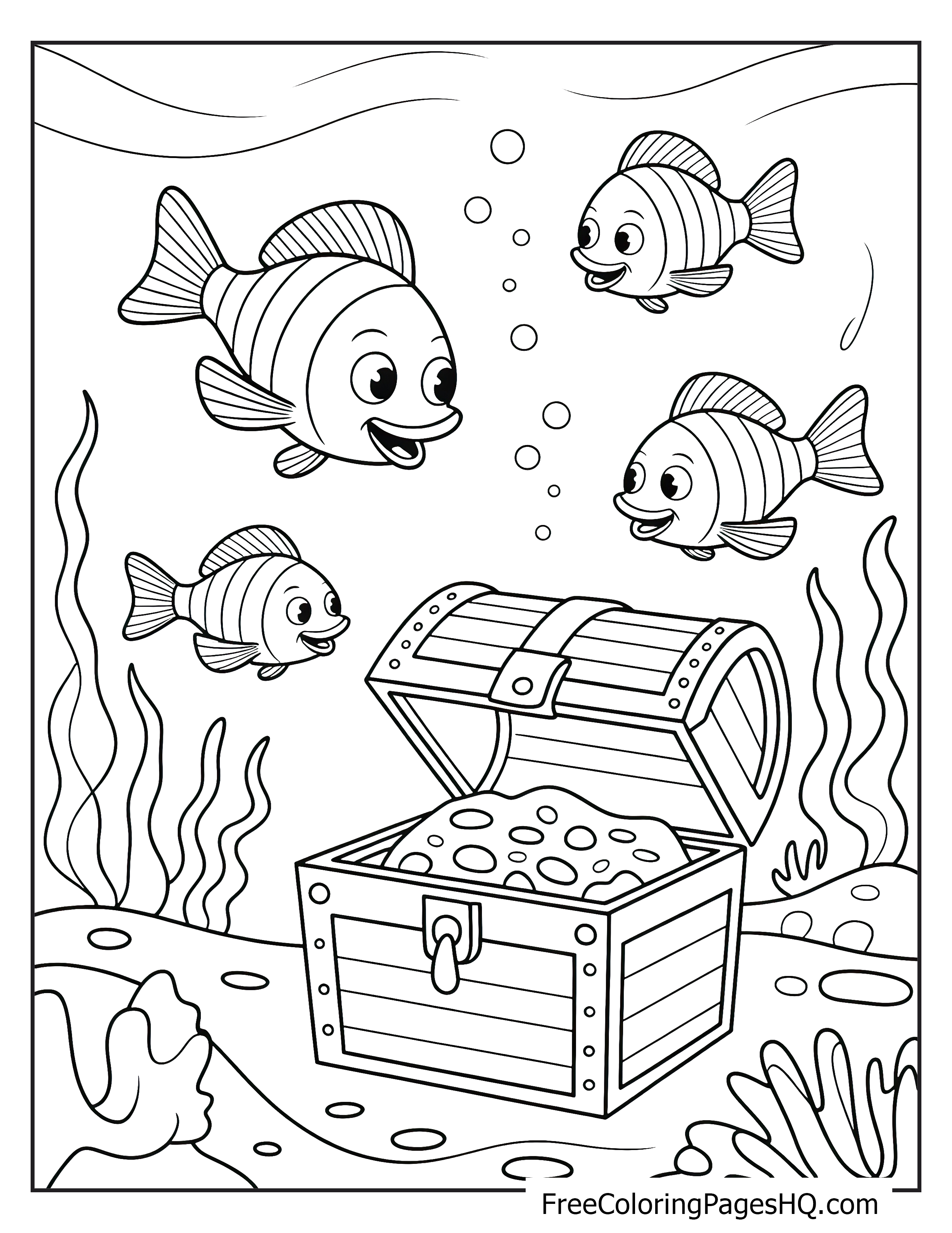 Cartoon fish swimming near an open treasure chest on the ocean floor.