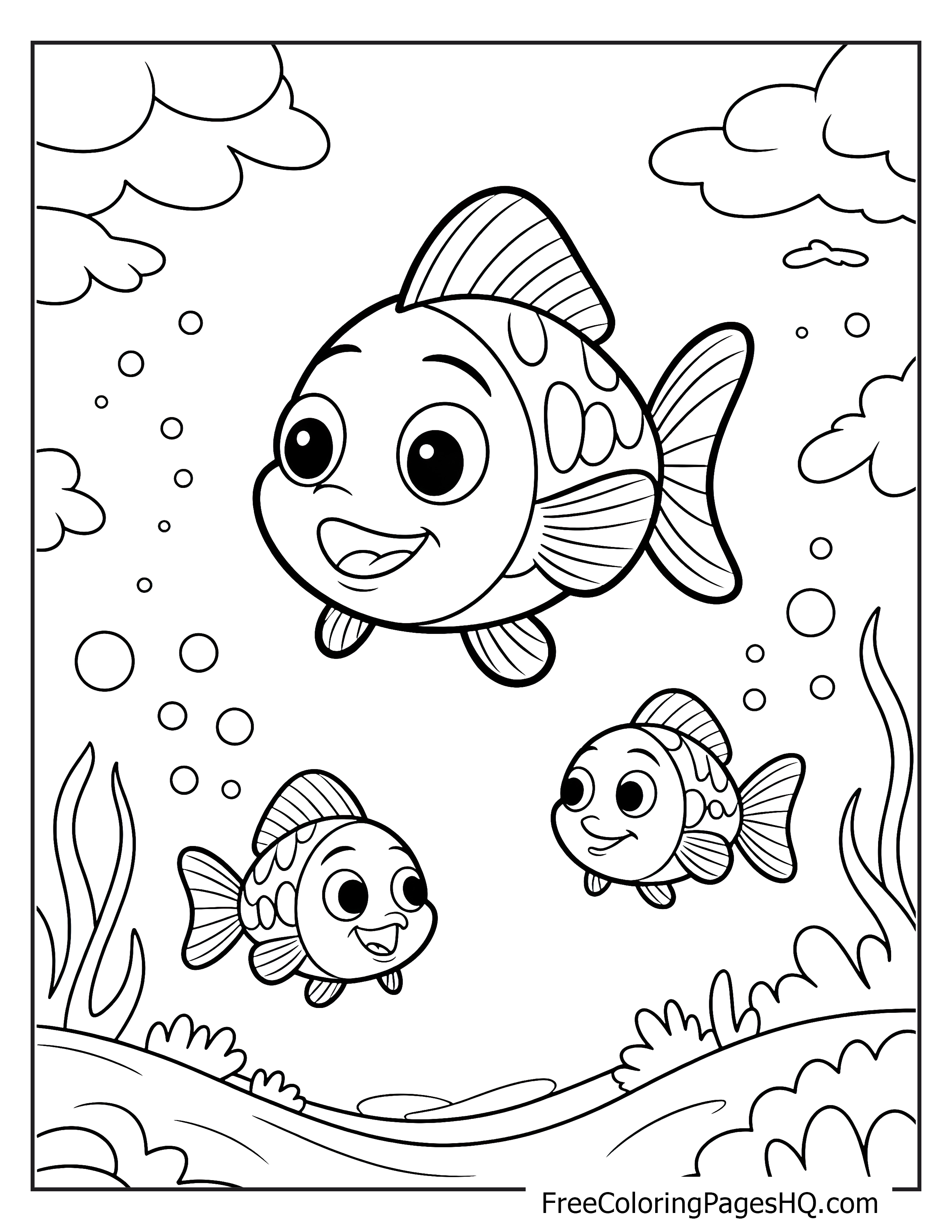 Three smiling fish swimming underwater with bubbles and seaweed.