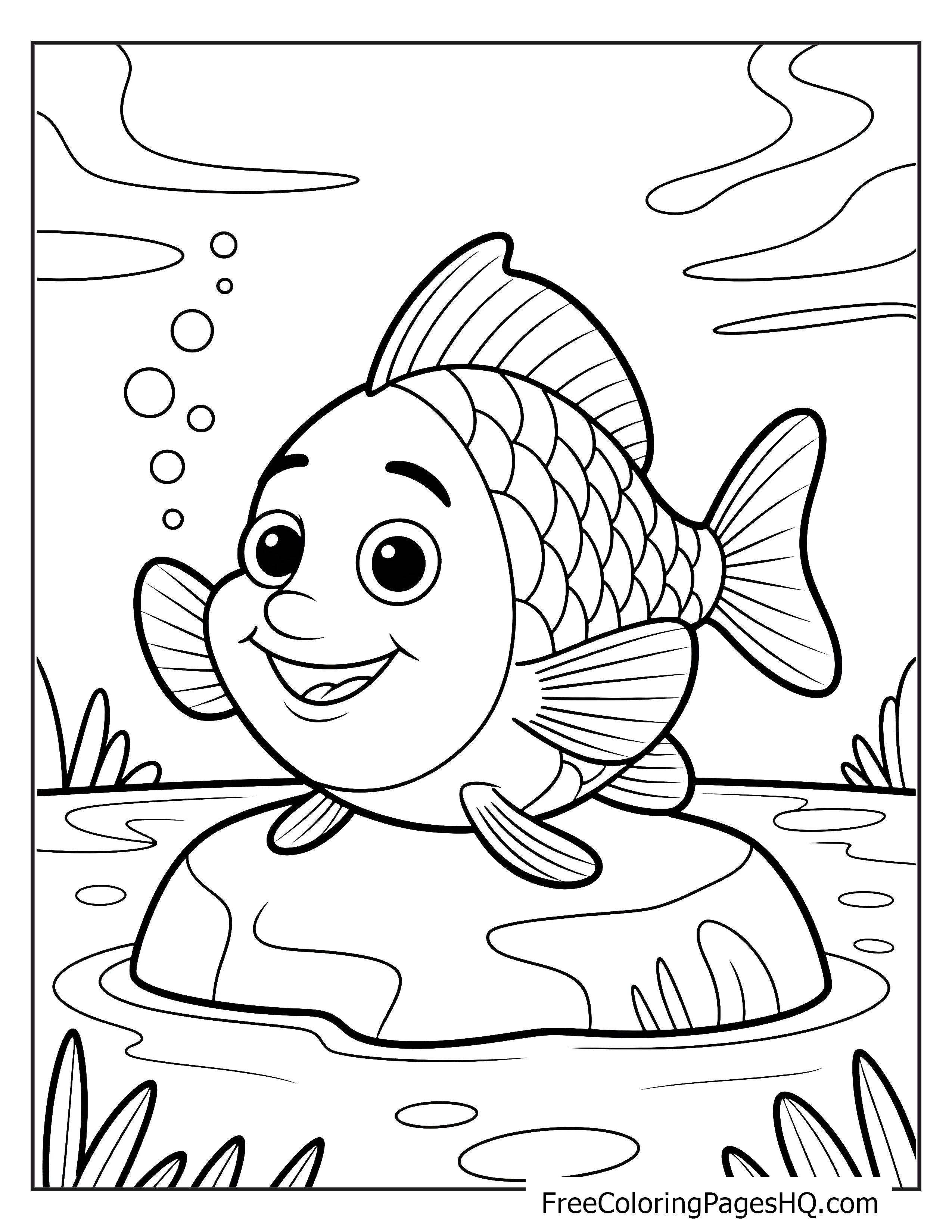 Smiling fish sitting on a rock in water.