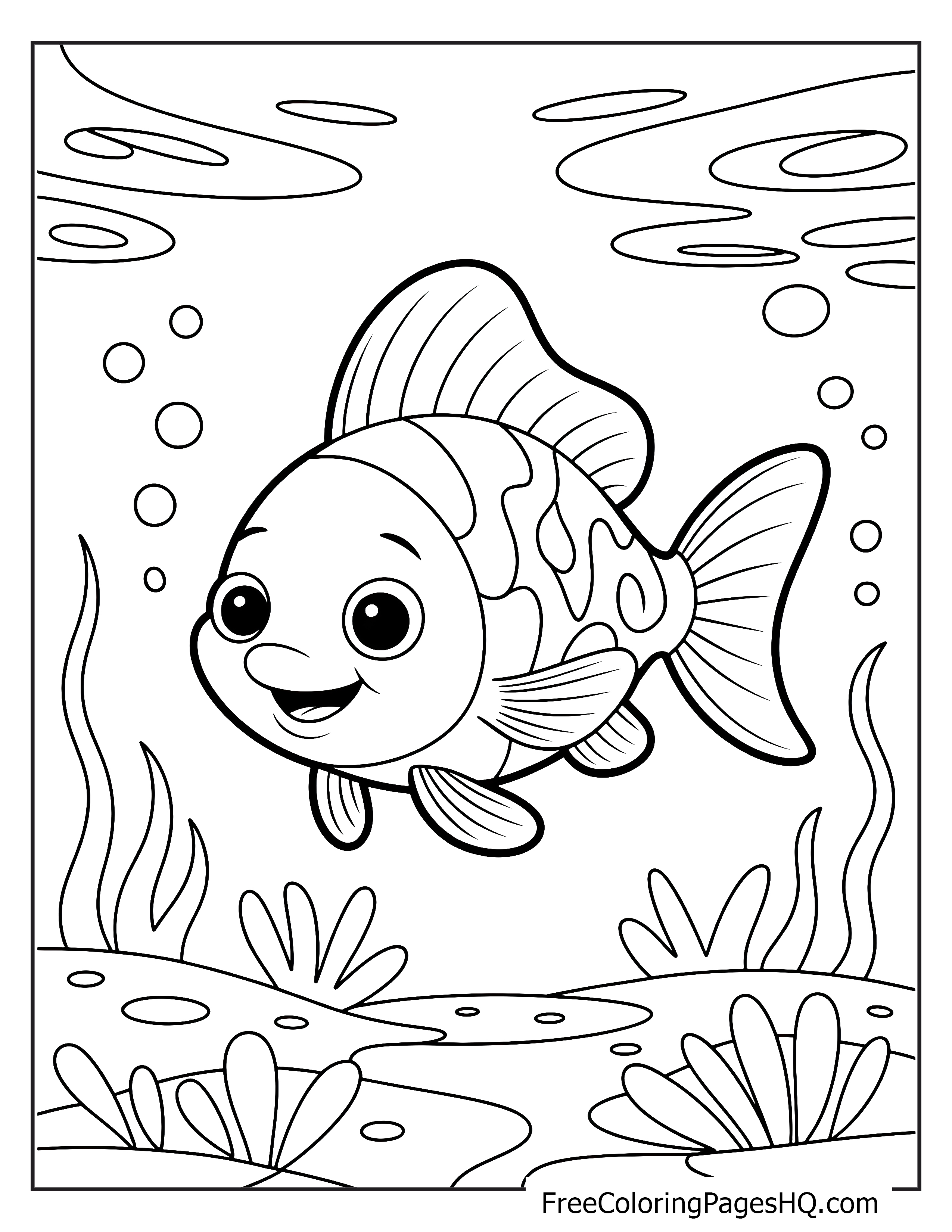 Cheerful fish swimming underwater with plants and bubbles.