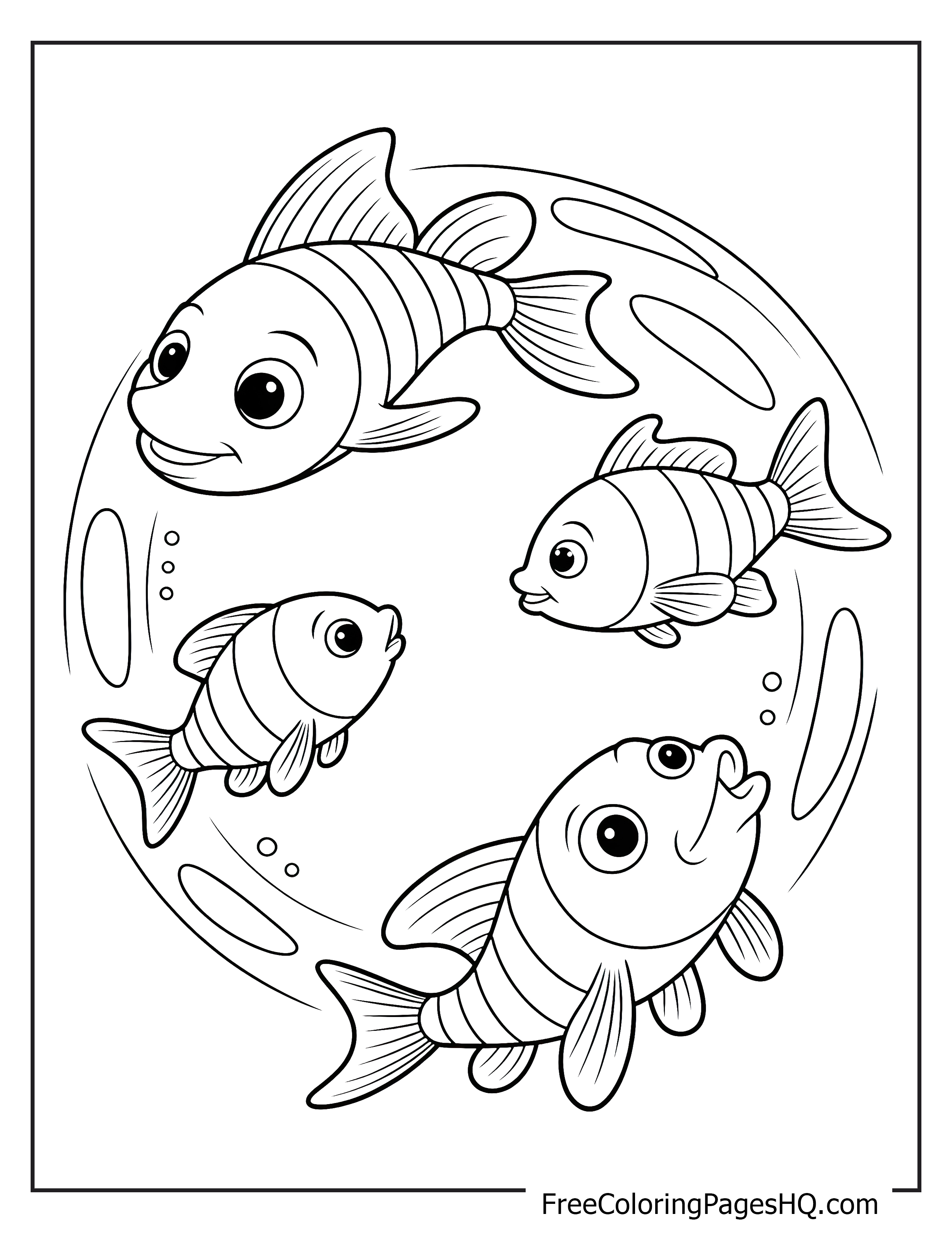 Illustration of four smiling fish in water with bubbles.