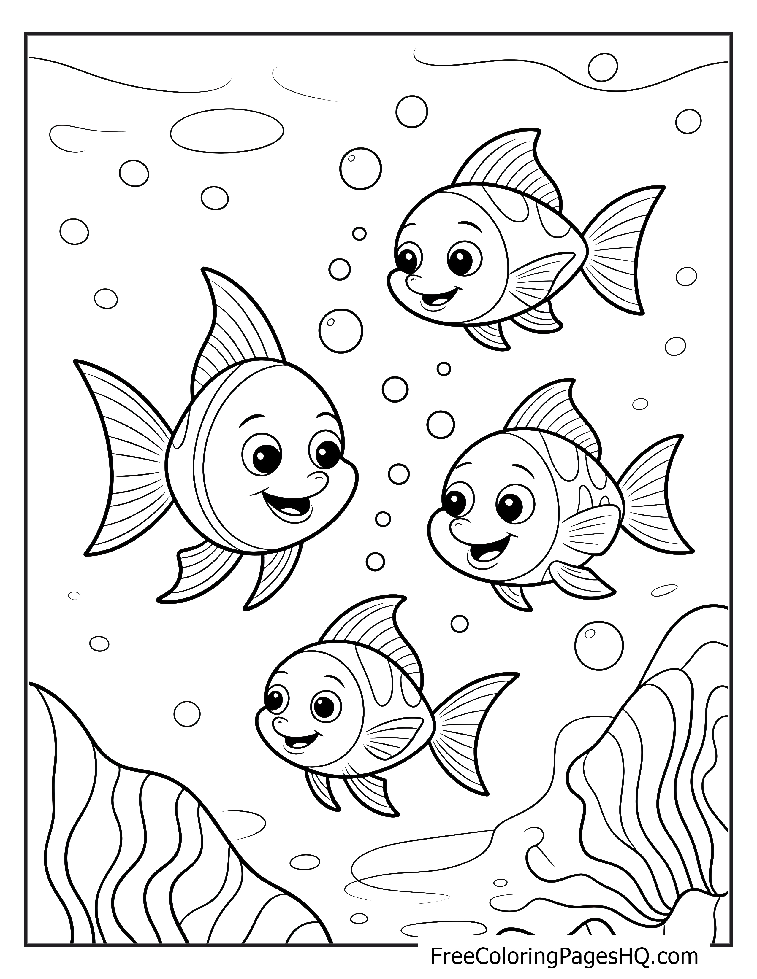 Smiling fish underwater with bubbles and sea plants.