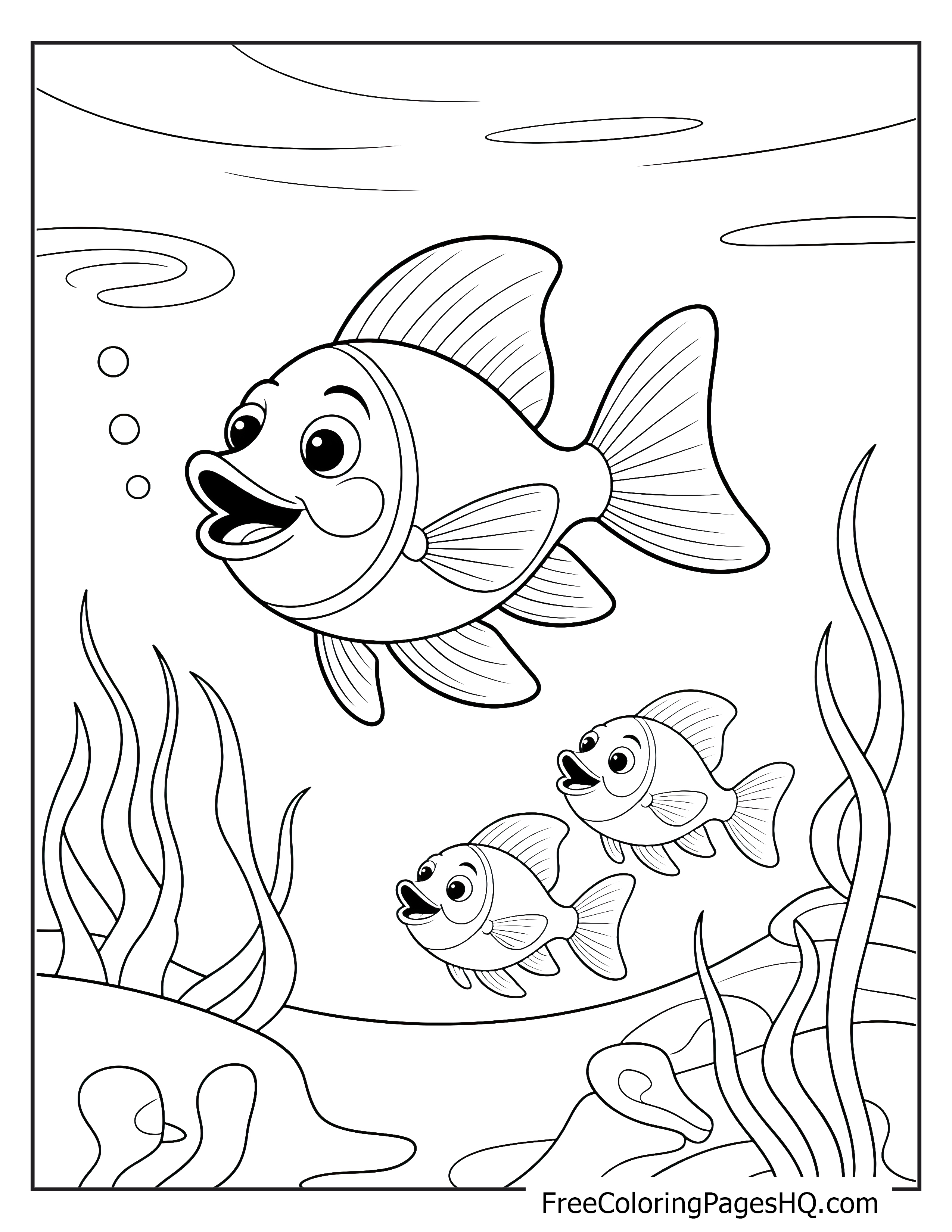 Cheerful fish with big eyes swimming underwater.