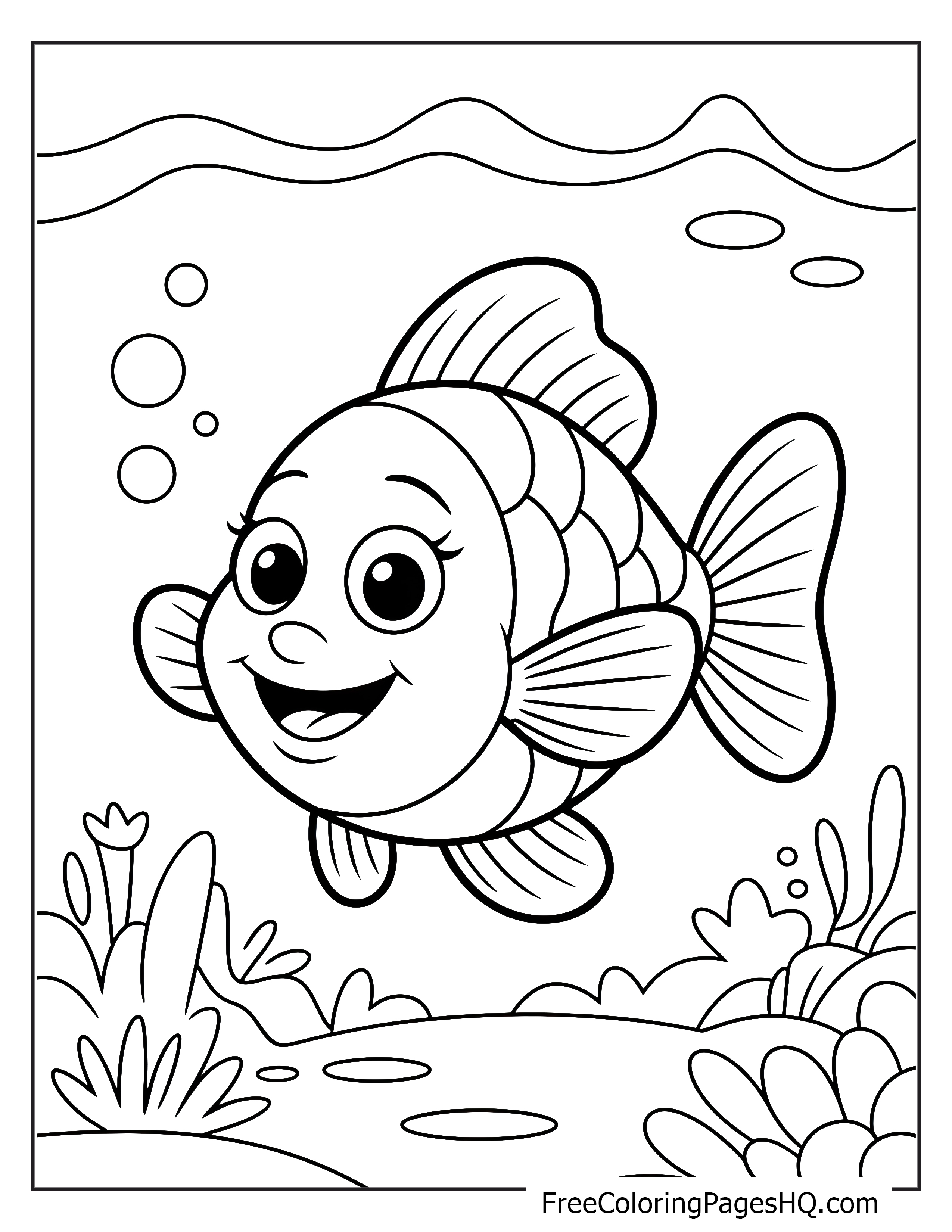 A cheerful fish swimming with bubbles and seaweed.