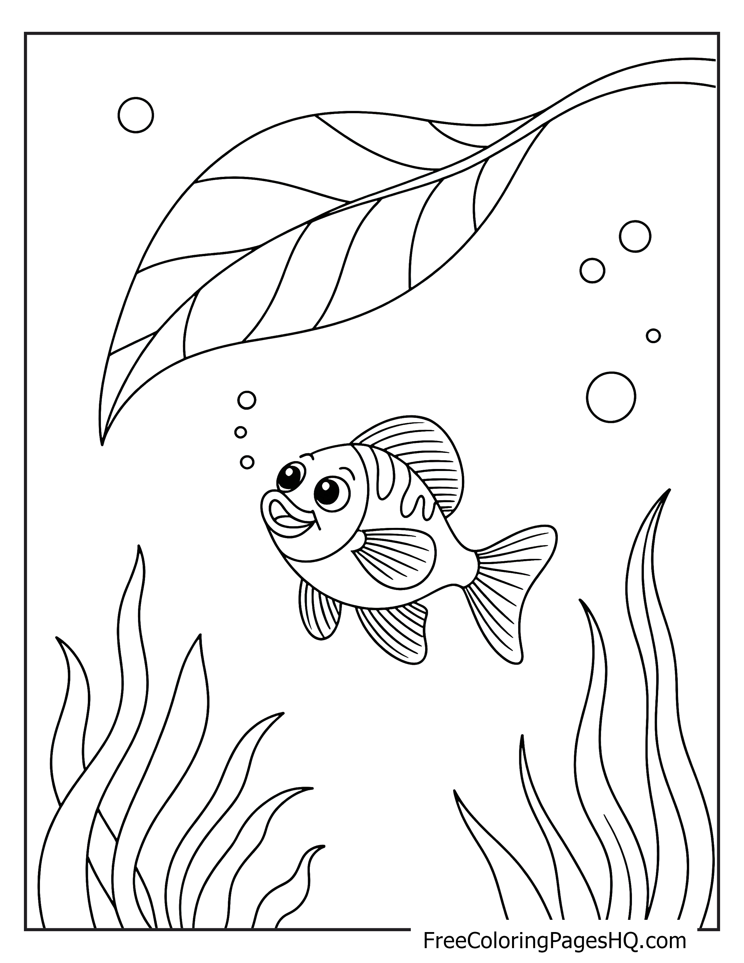 A cartoon fish swimming underwater with seaweed and bubbles.