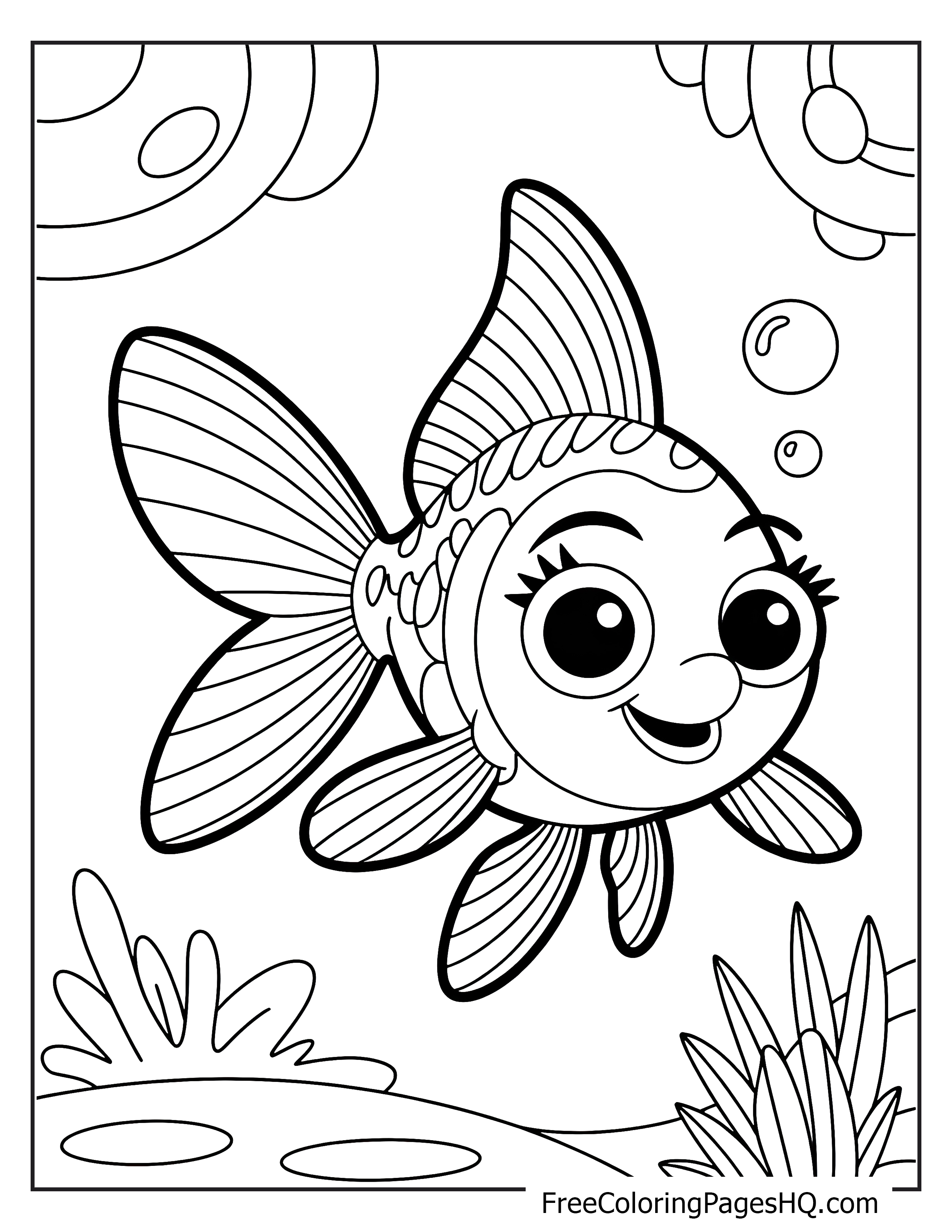 Happy fish swimming underwater with bubbles and plants.