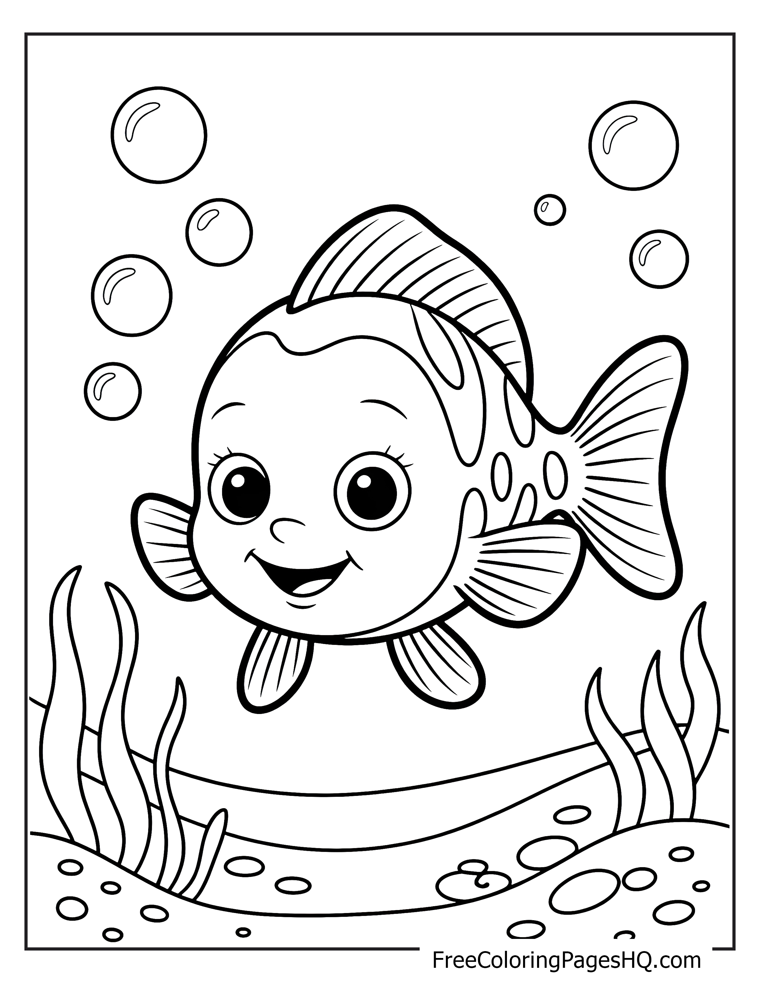 Friendly cartoon fish swimming underwater with bubbles.