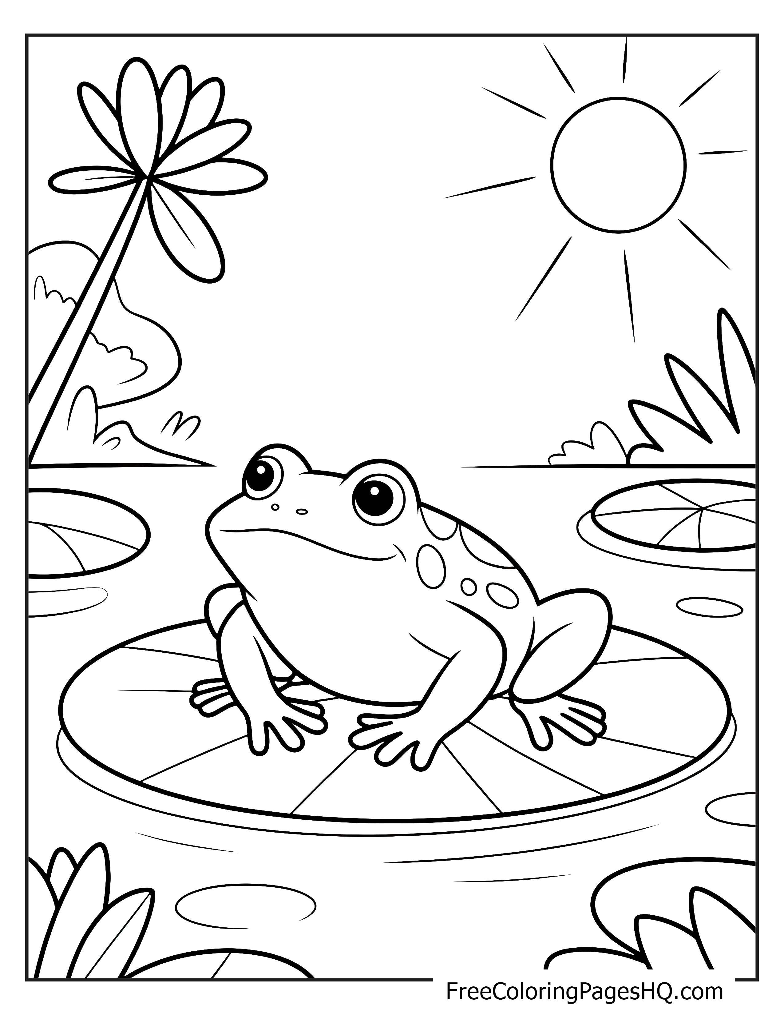 A cheerful frog on a lily pad with the sun shining overhead.