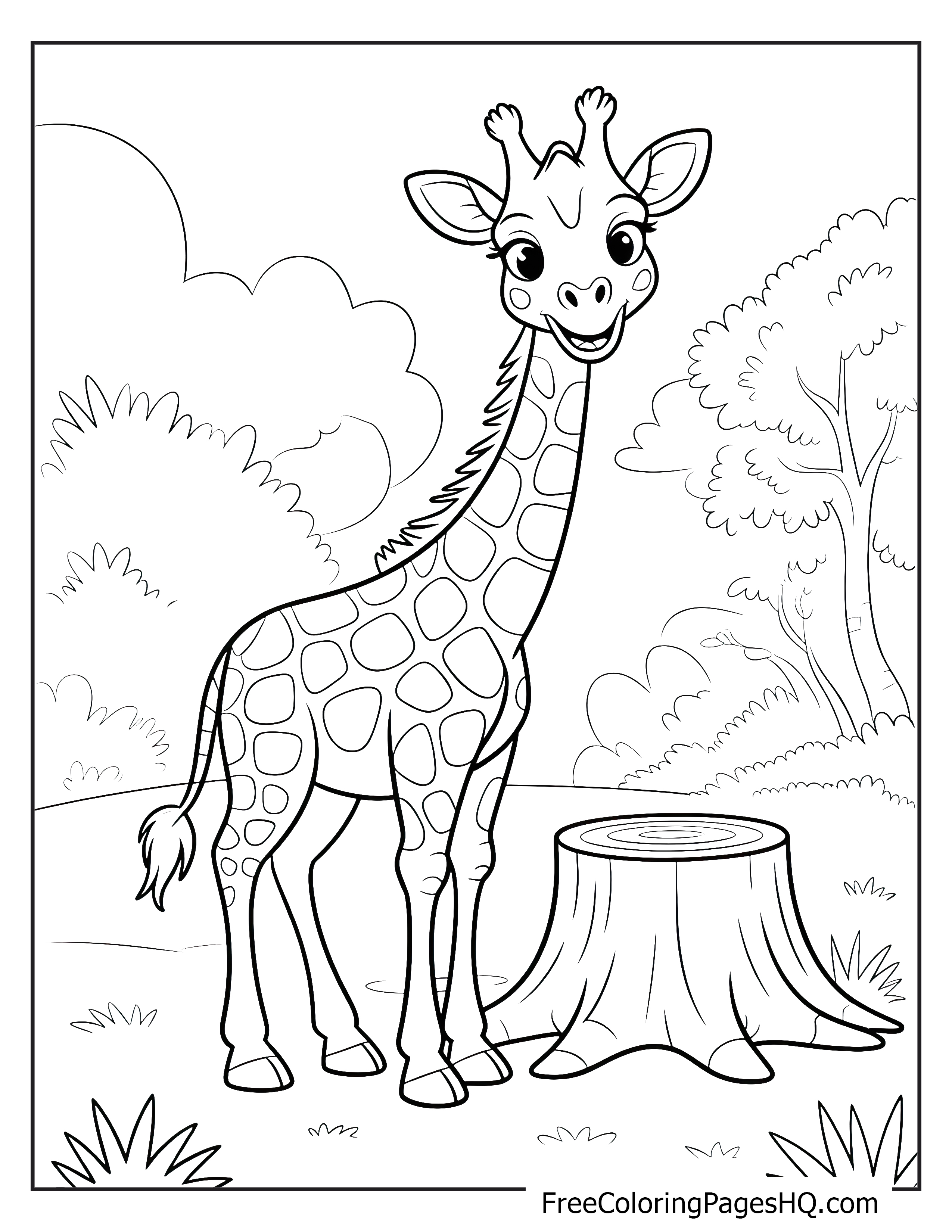 A friendly giraffe next to a tree stump with trees and grass around.