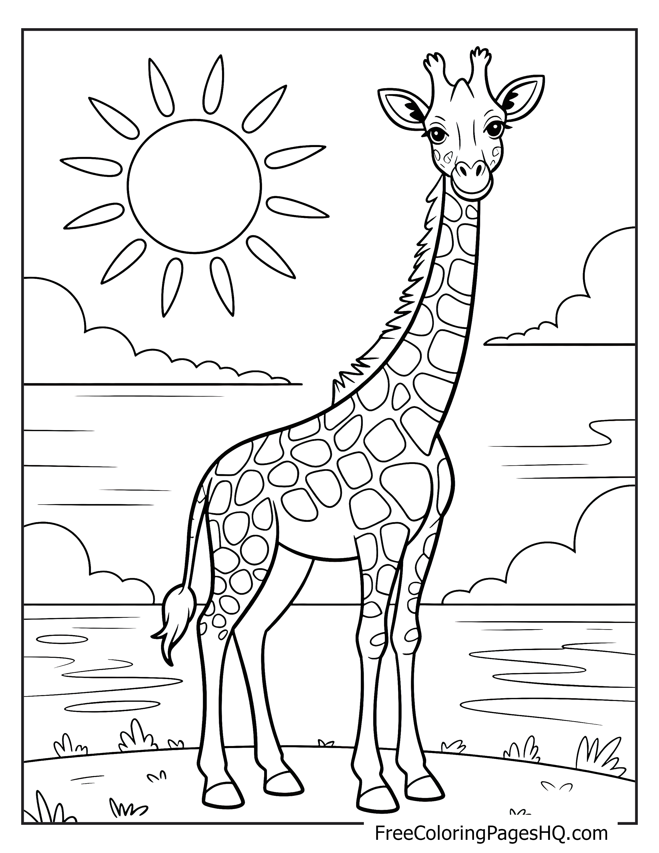 A giraffe stands under the sun beside a calm lake with clouds in the sky.