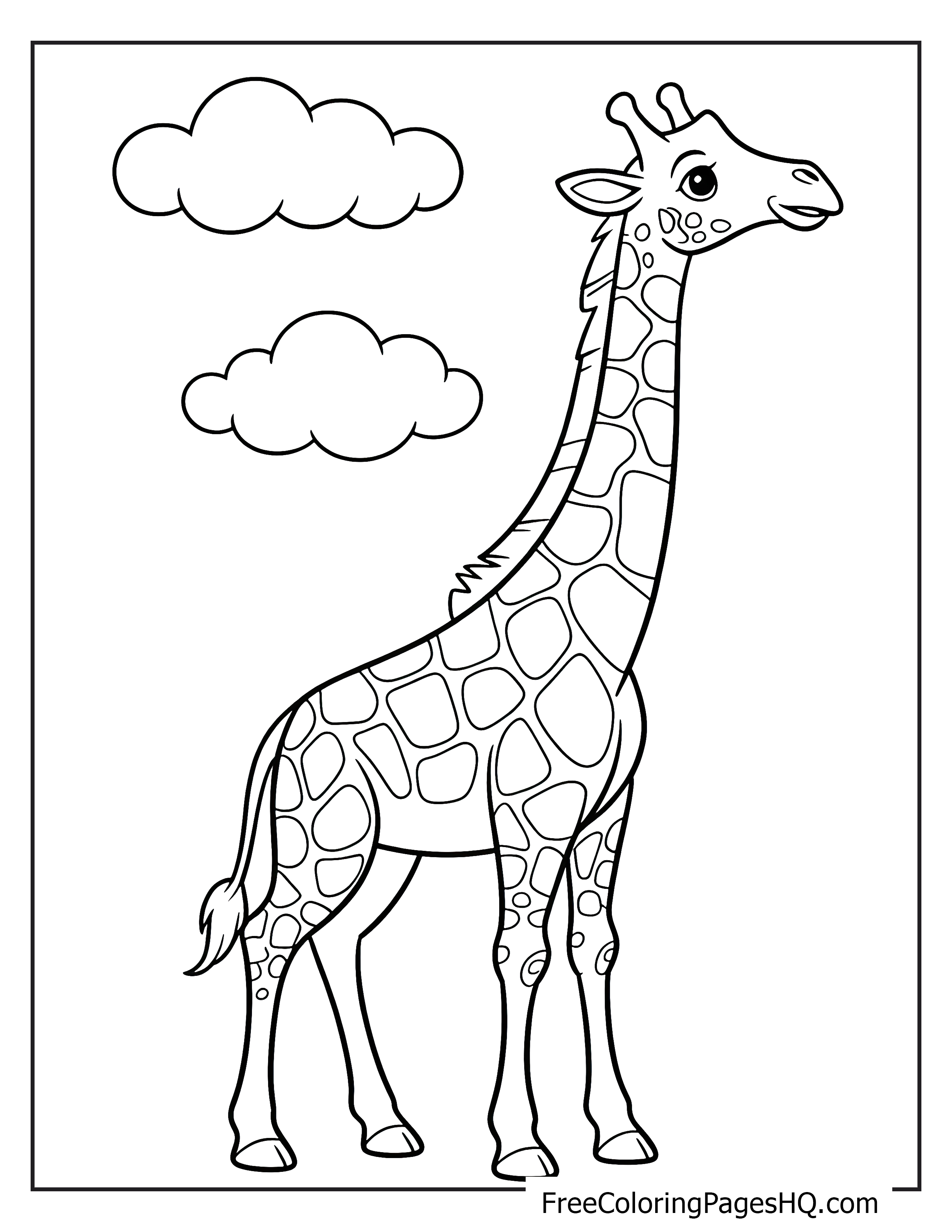 A happy giraffe standing beneath two fluffy clouds in a clear sky.