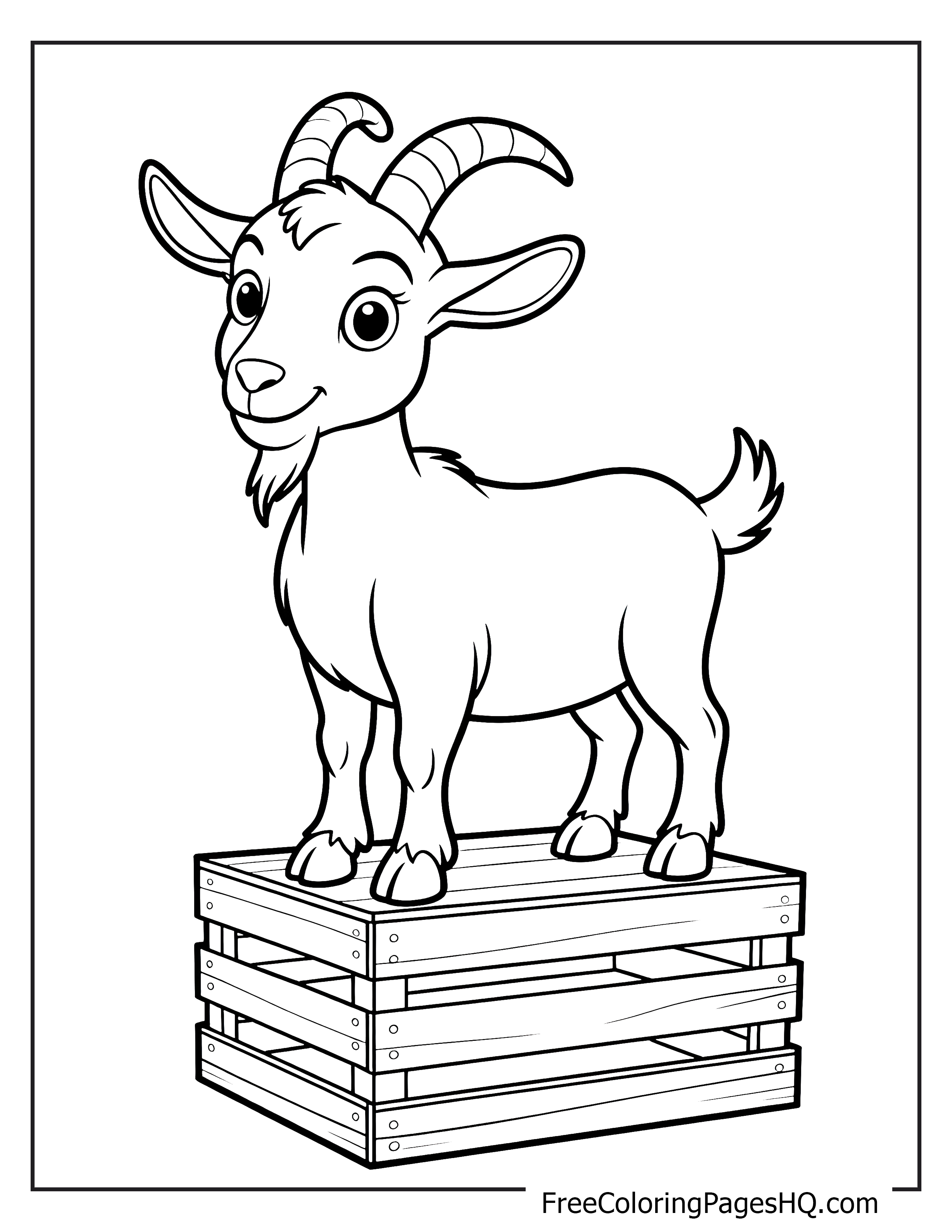 A joyful goat stands on a wooden crate, looking content and playful.