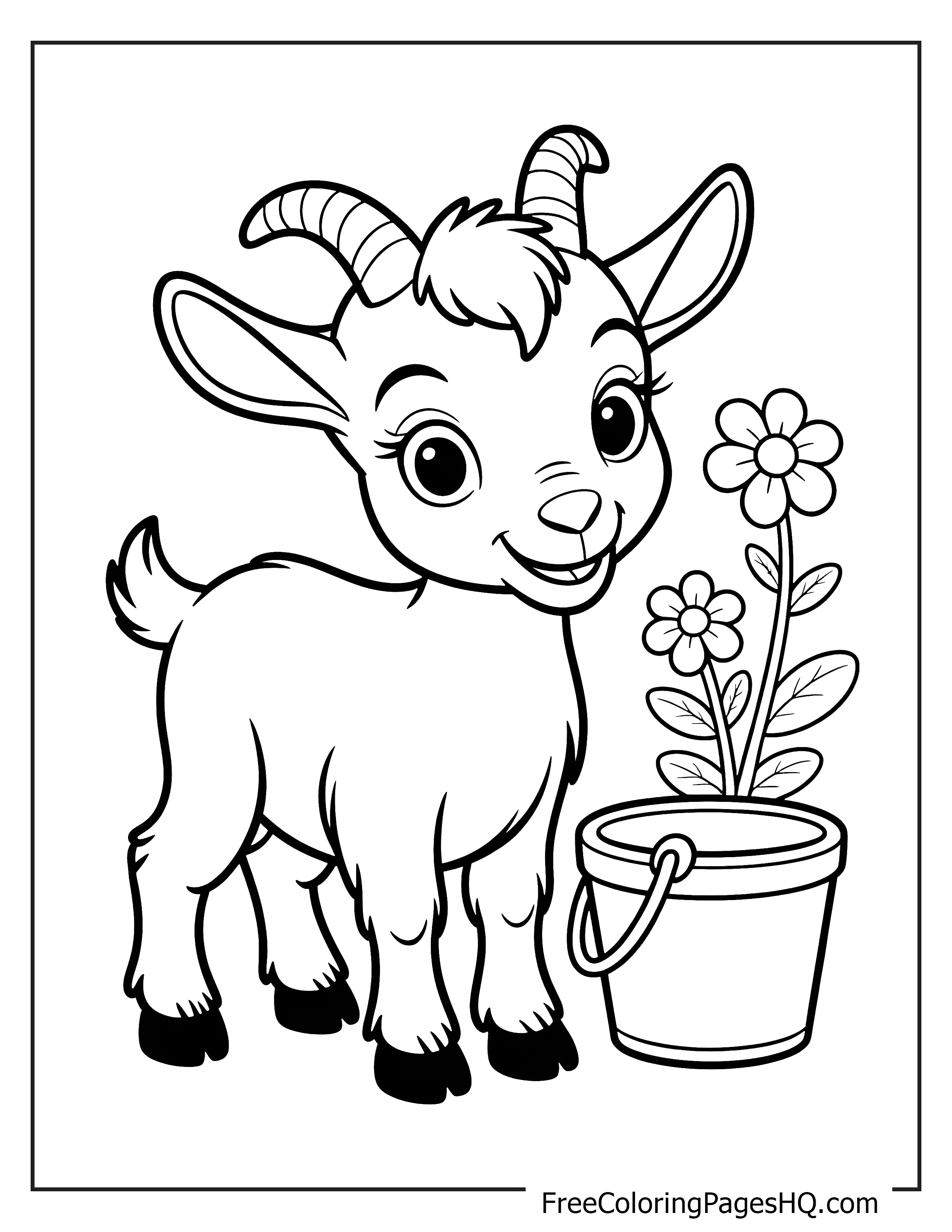A smiling goat next to a flower pot with blooming flowers.