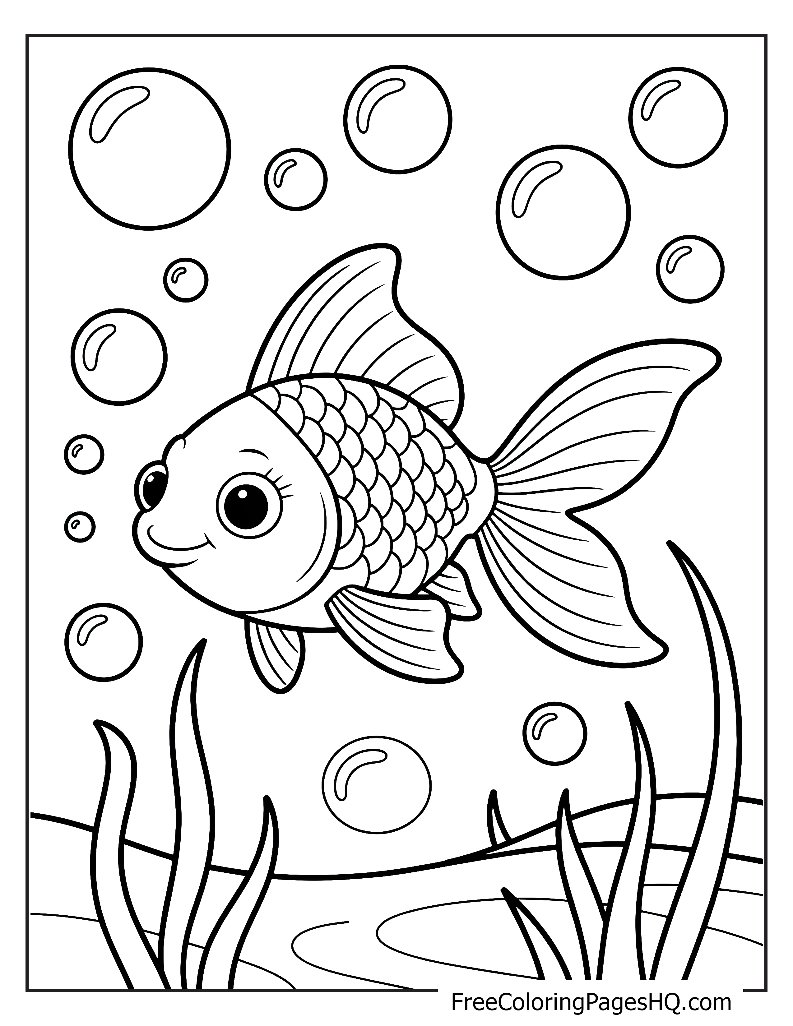 Cheerful goldfish underwater with bubbles and plants.