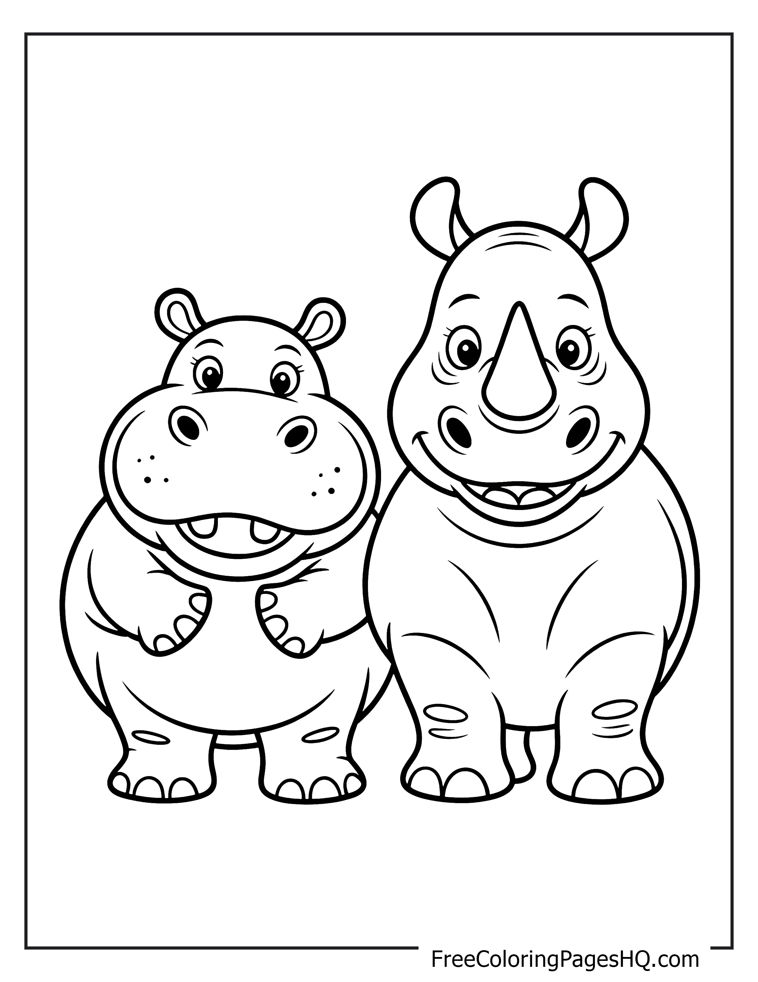 A cheerful hippo and smiling rhino standing side by side.
