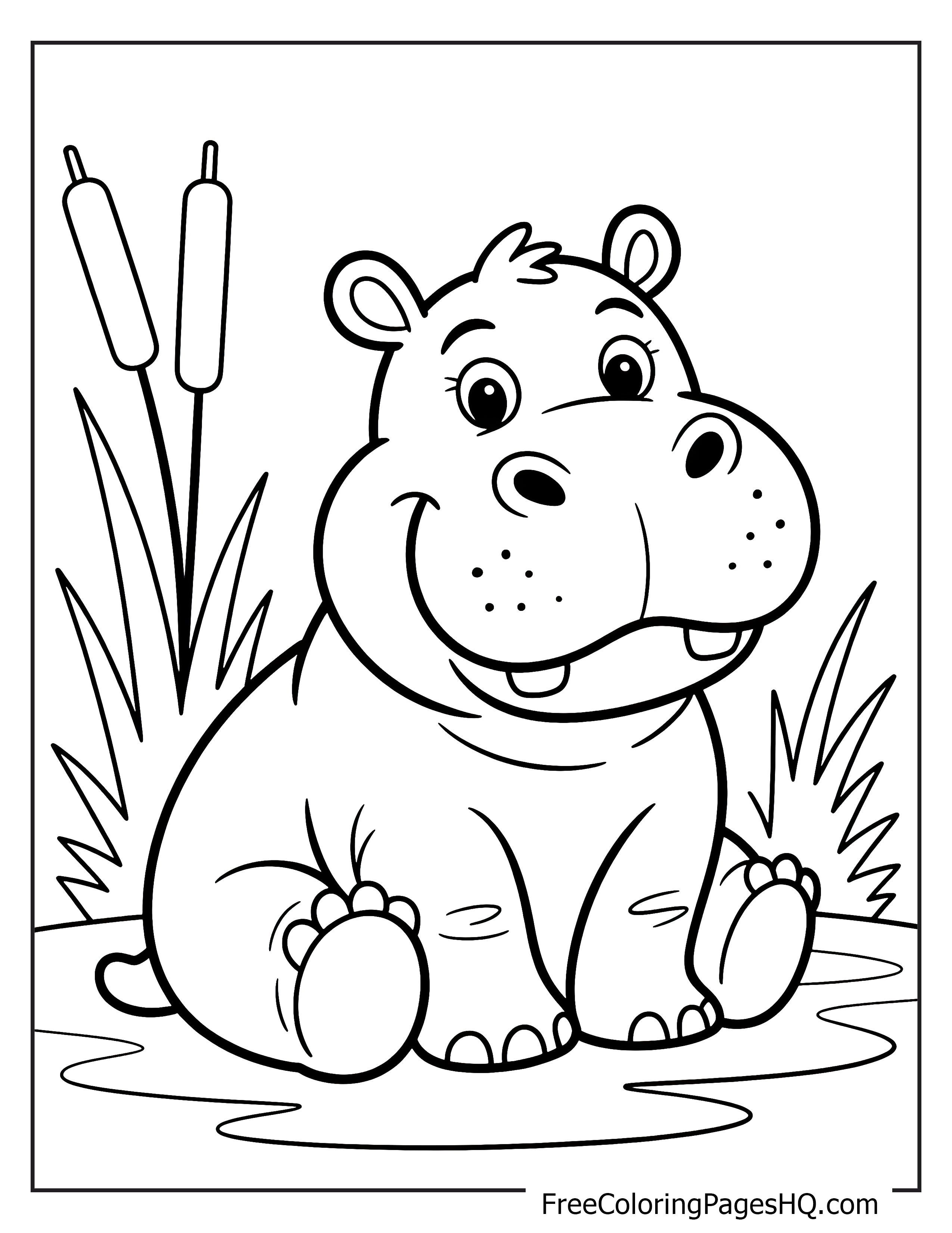 A smiling hippo sitting by the pond with reeds around.