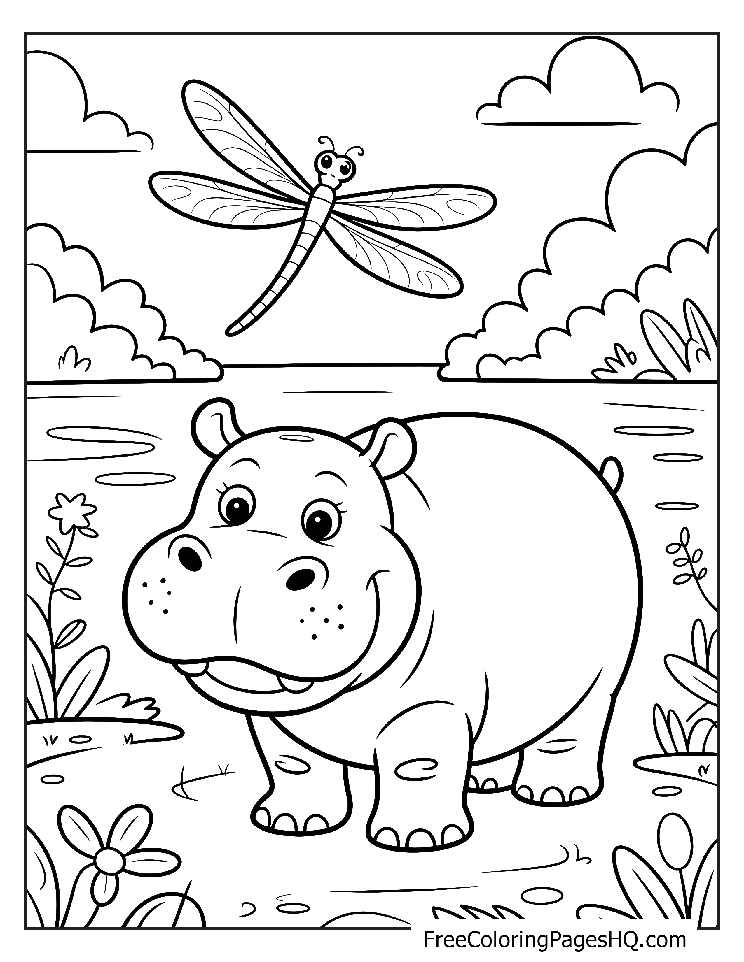 A smiling hippo stands by a riverbank with a dragonfly flying overhead.