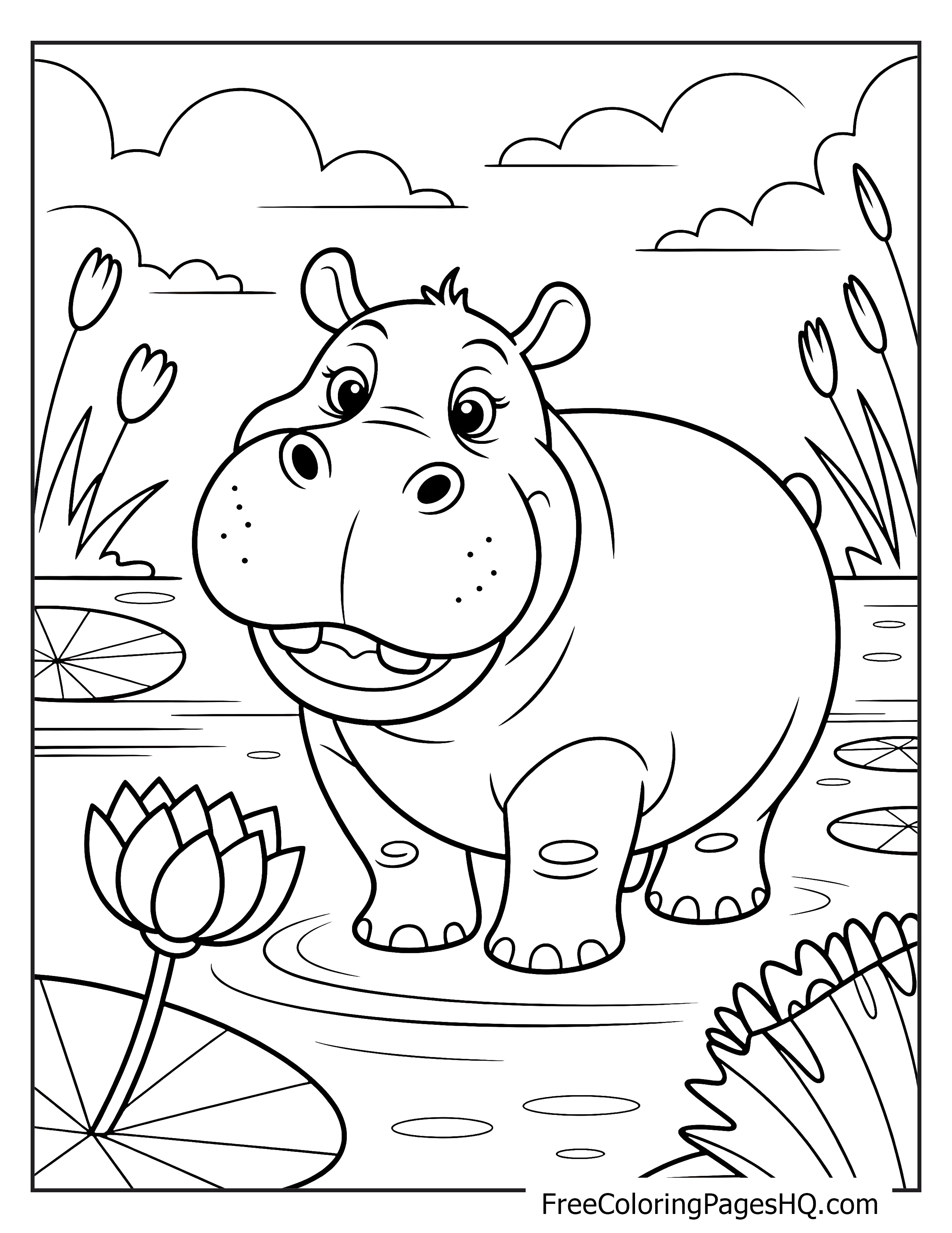 A smiling hippo wades in a pond with lilies and reeds.