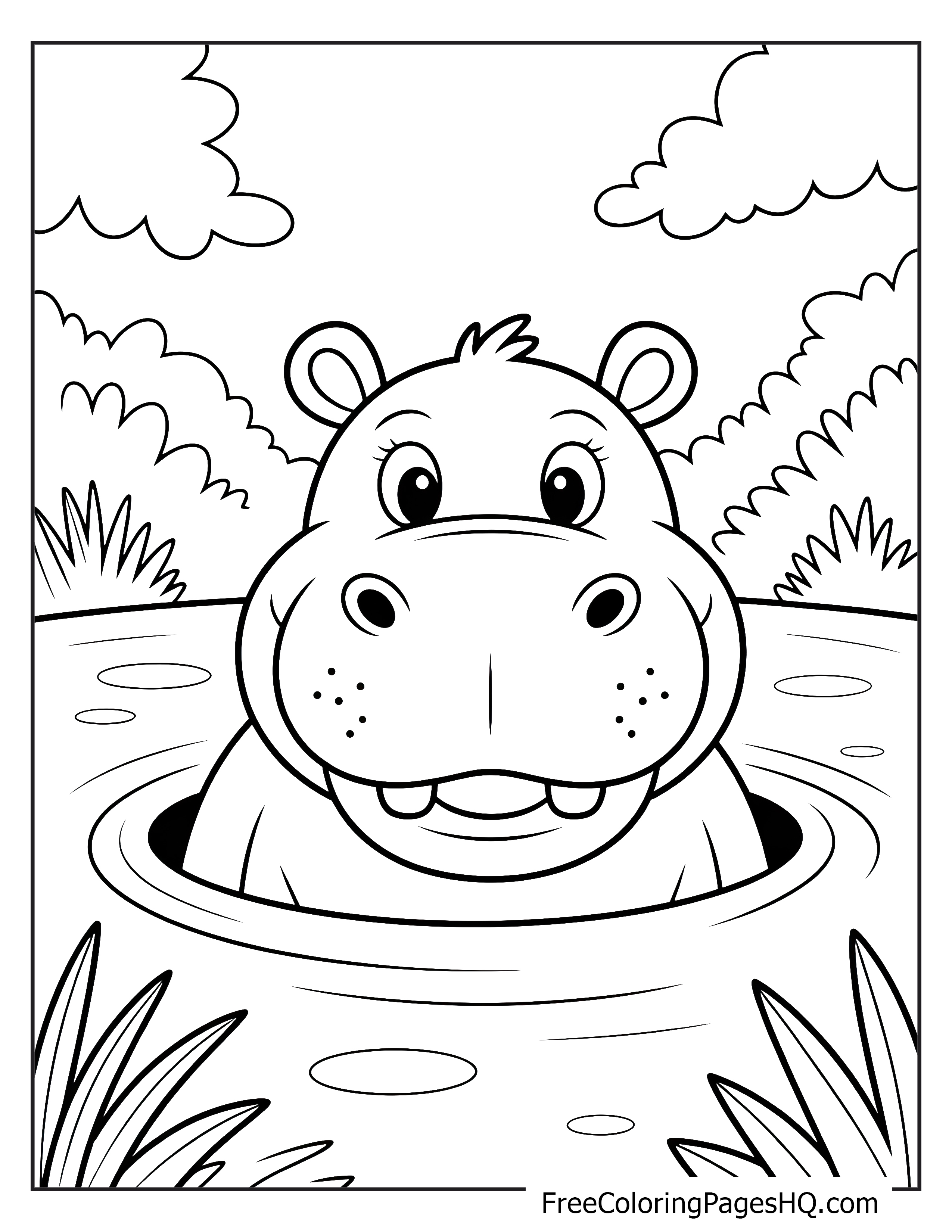 A smiling hippo peeks out of a calm pond with reeds and clouds in the background.