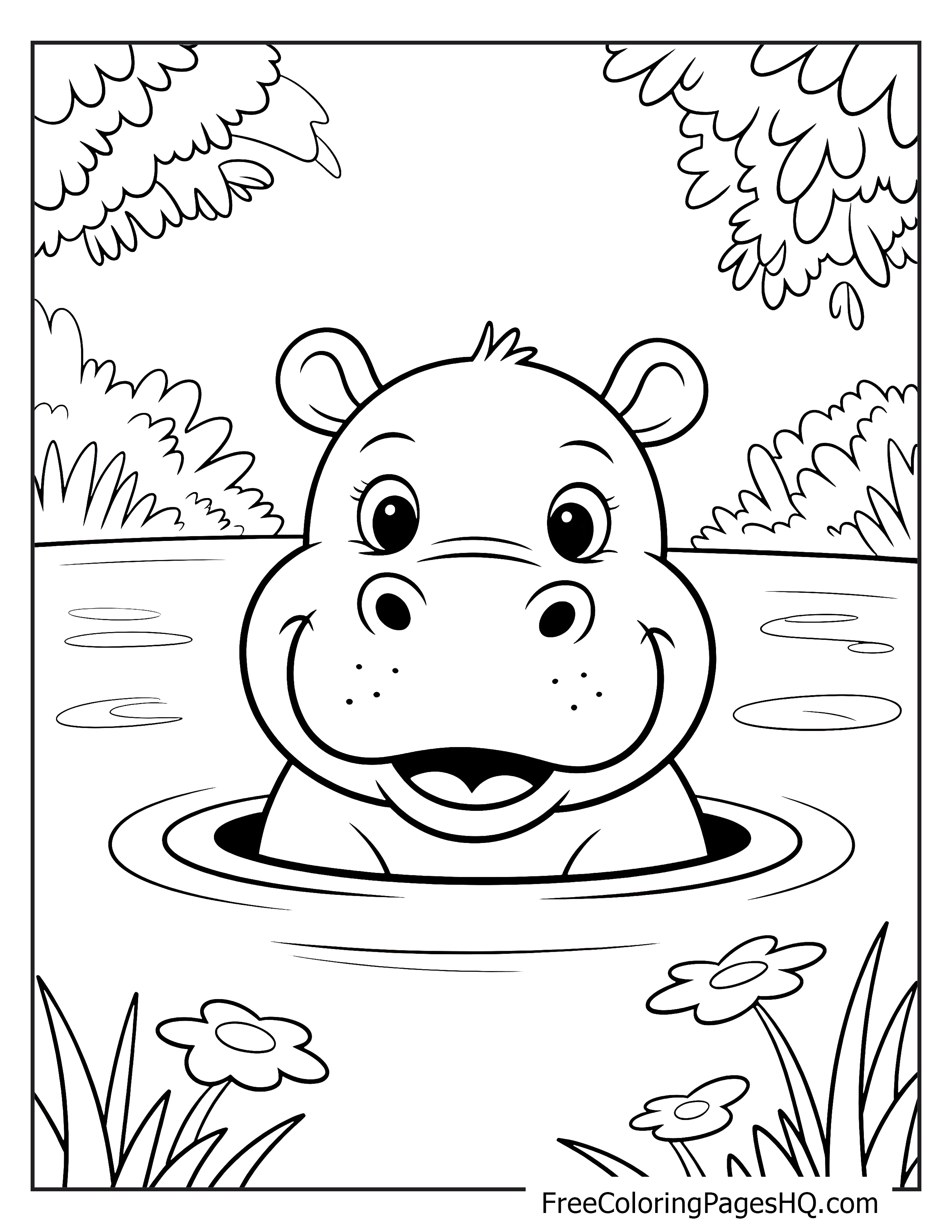Happy hippo emerging from a pond with trees and flowers around.