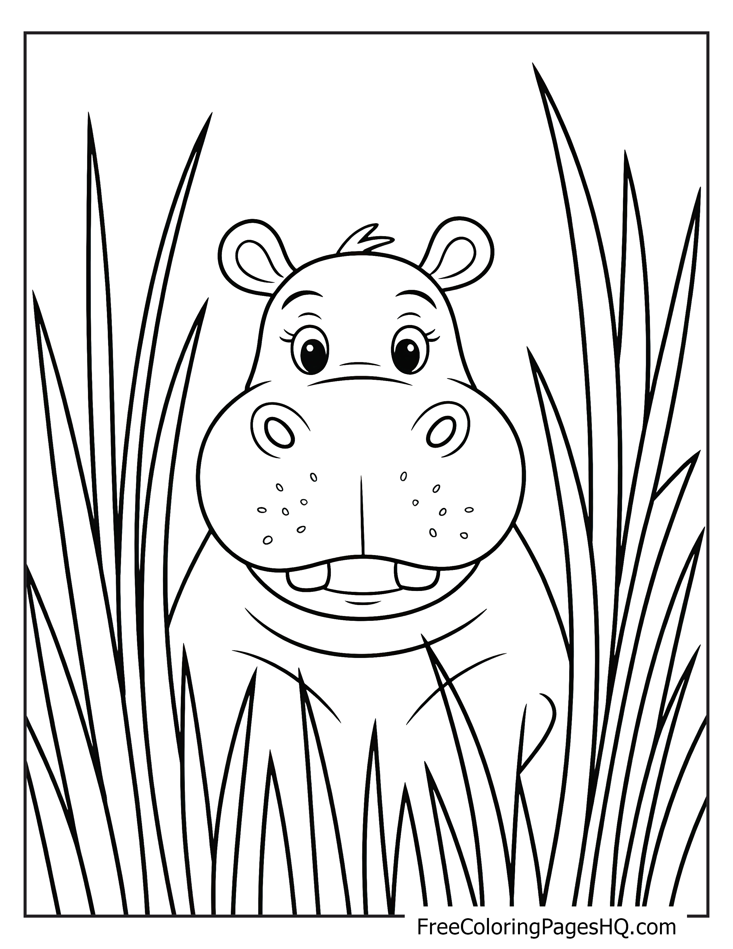 A cheerful hippo looking through tall reeds with a curious expression.