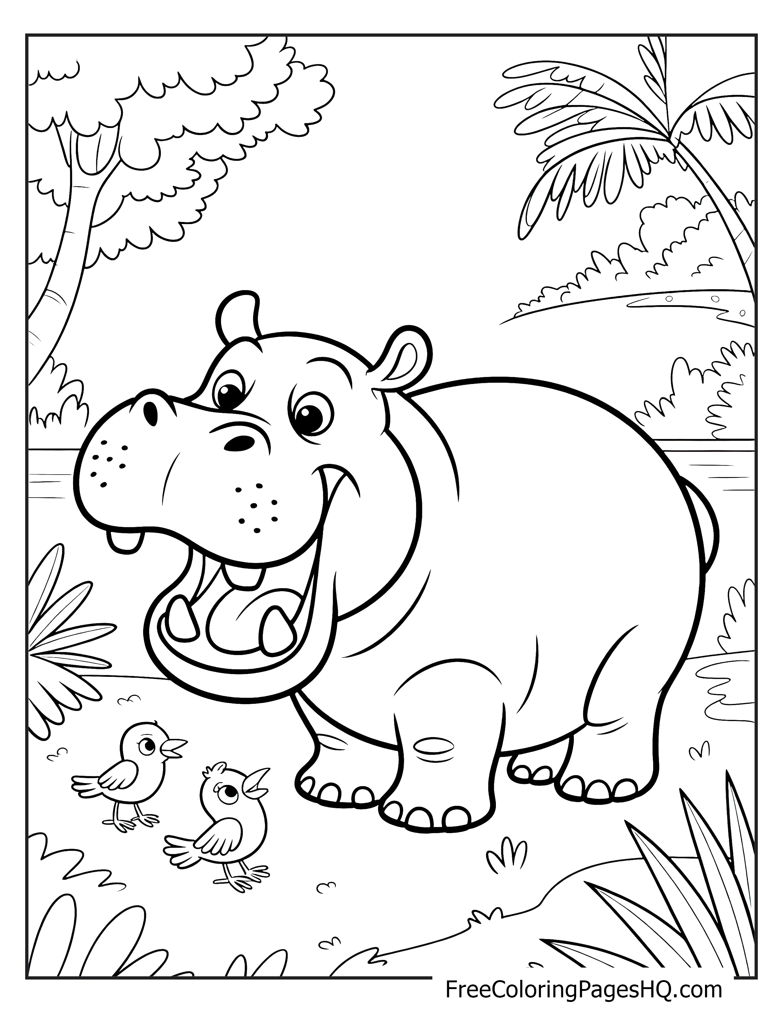A joyful hippo next to two birds in the jungle.