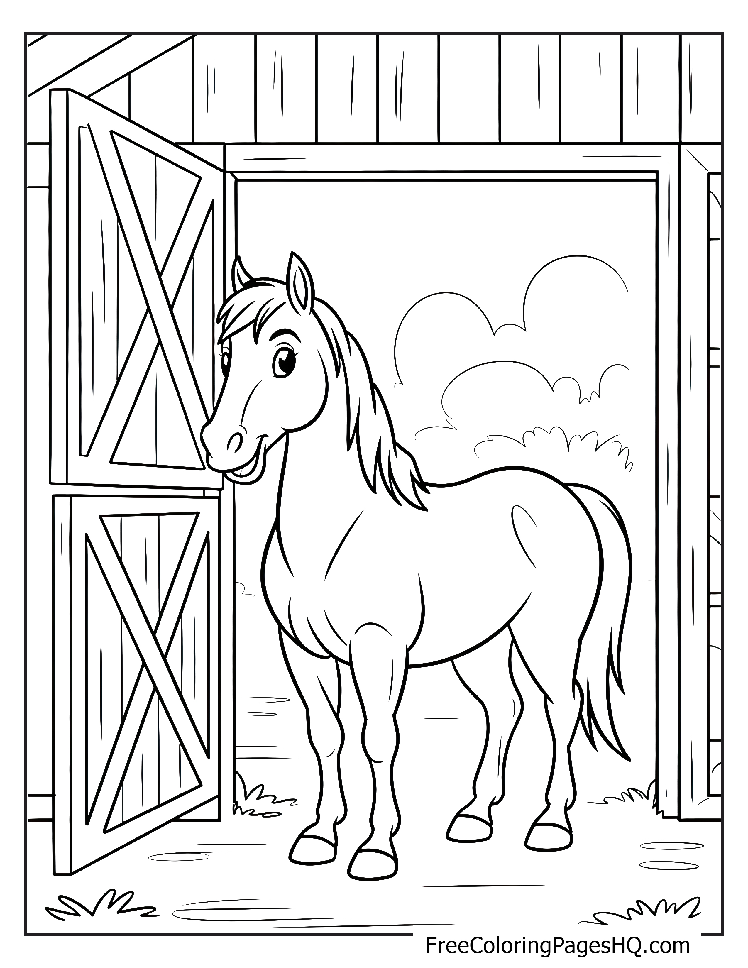 A horse stands by an open barn door under a sky with clouds.