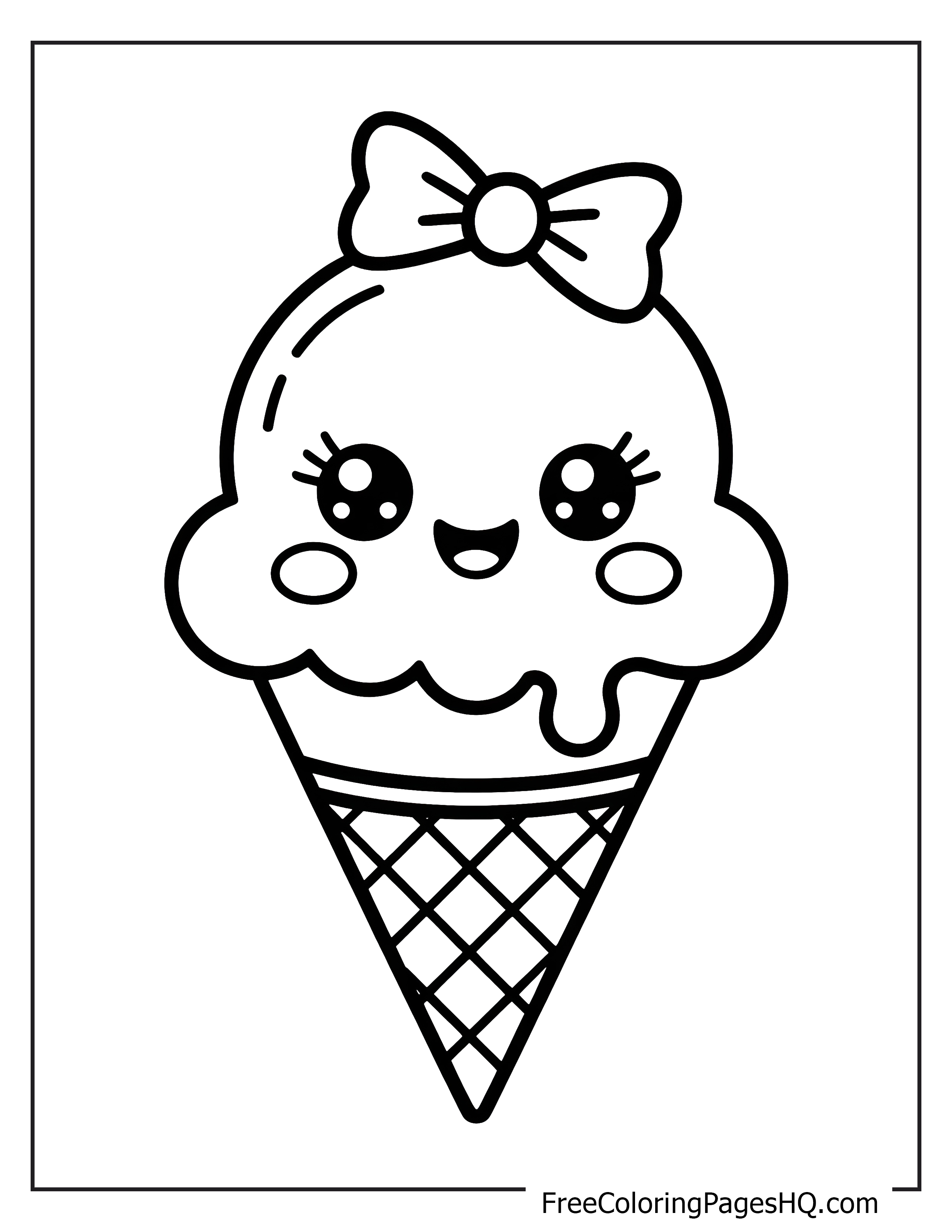 Cute ice cream cone with a friendly face and bow.