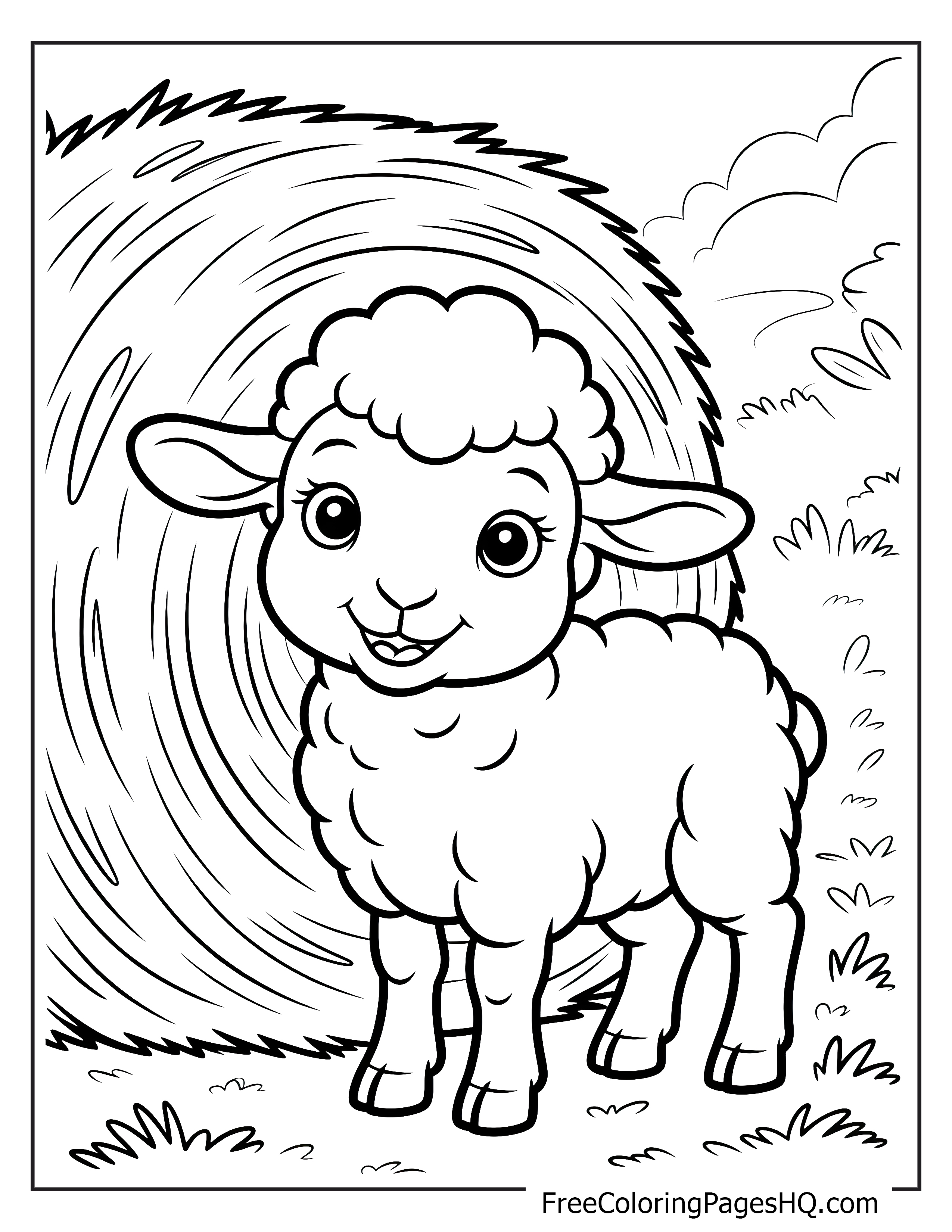 A cute lamb stands next to a haystack.