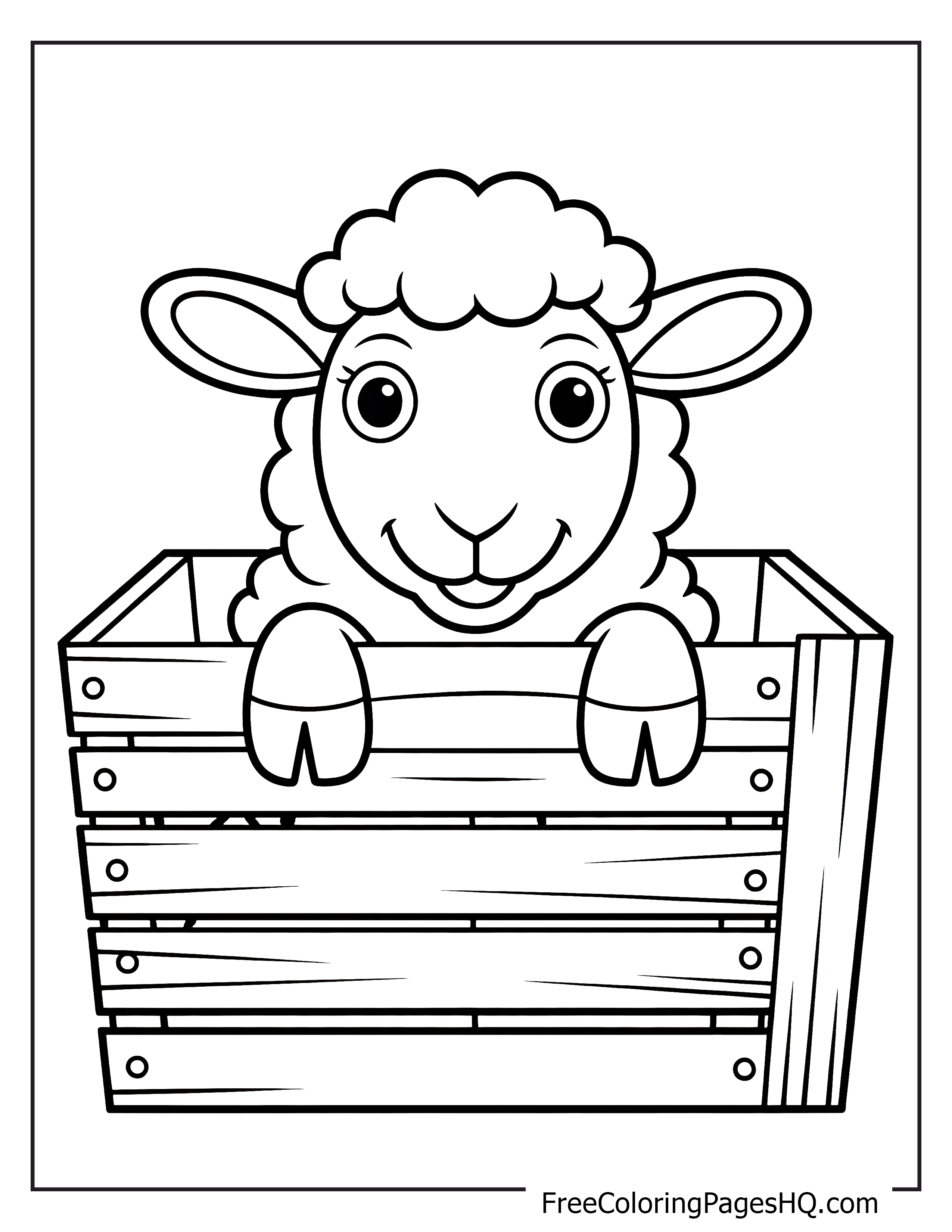A happy lamb peeks over a wooden crate, looking cheerful.