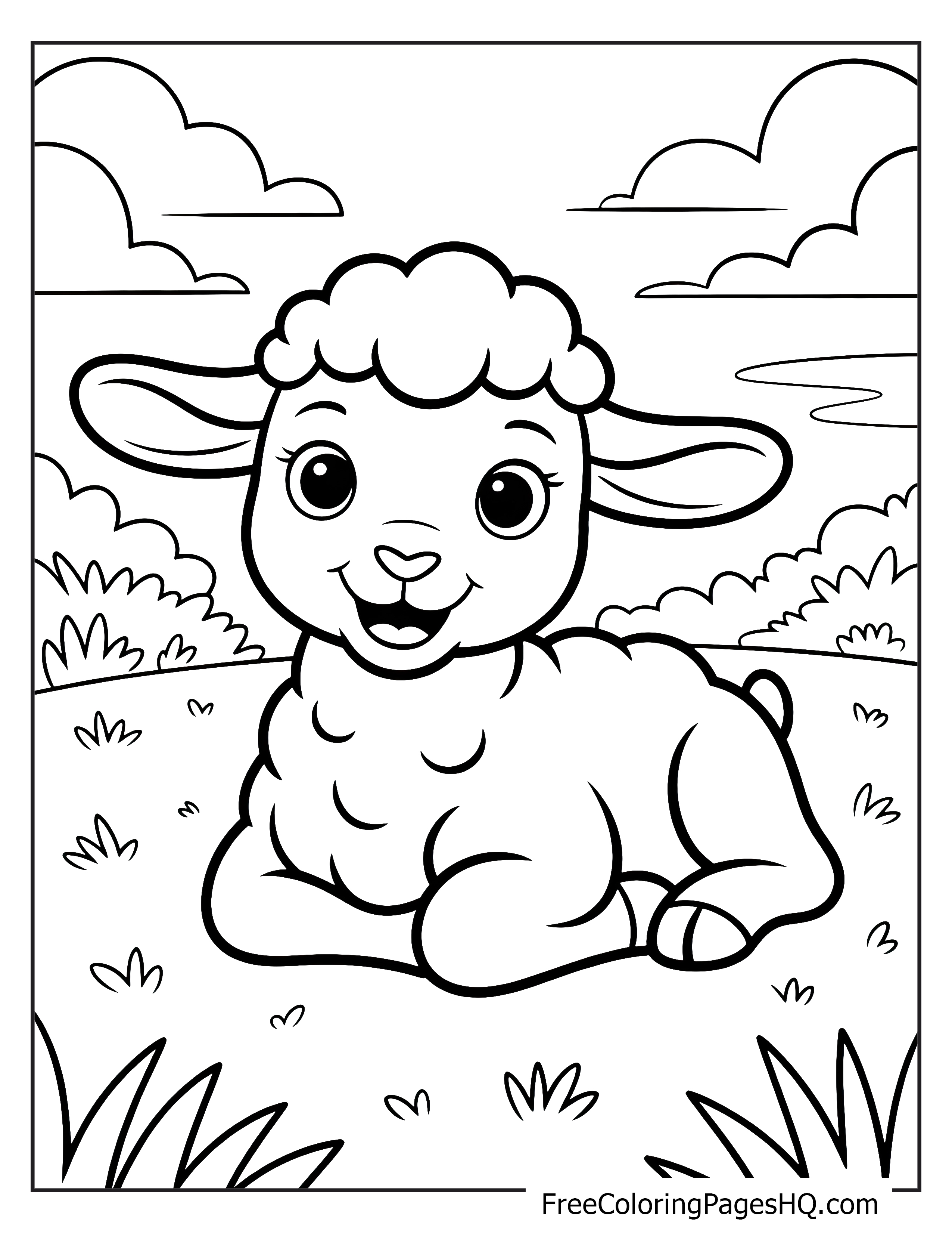 Smiling lamb resting on a grassy meadow with clouds above.