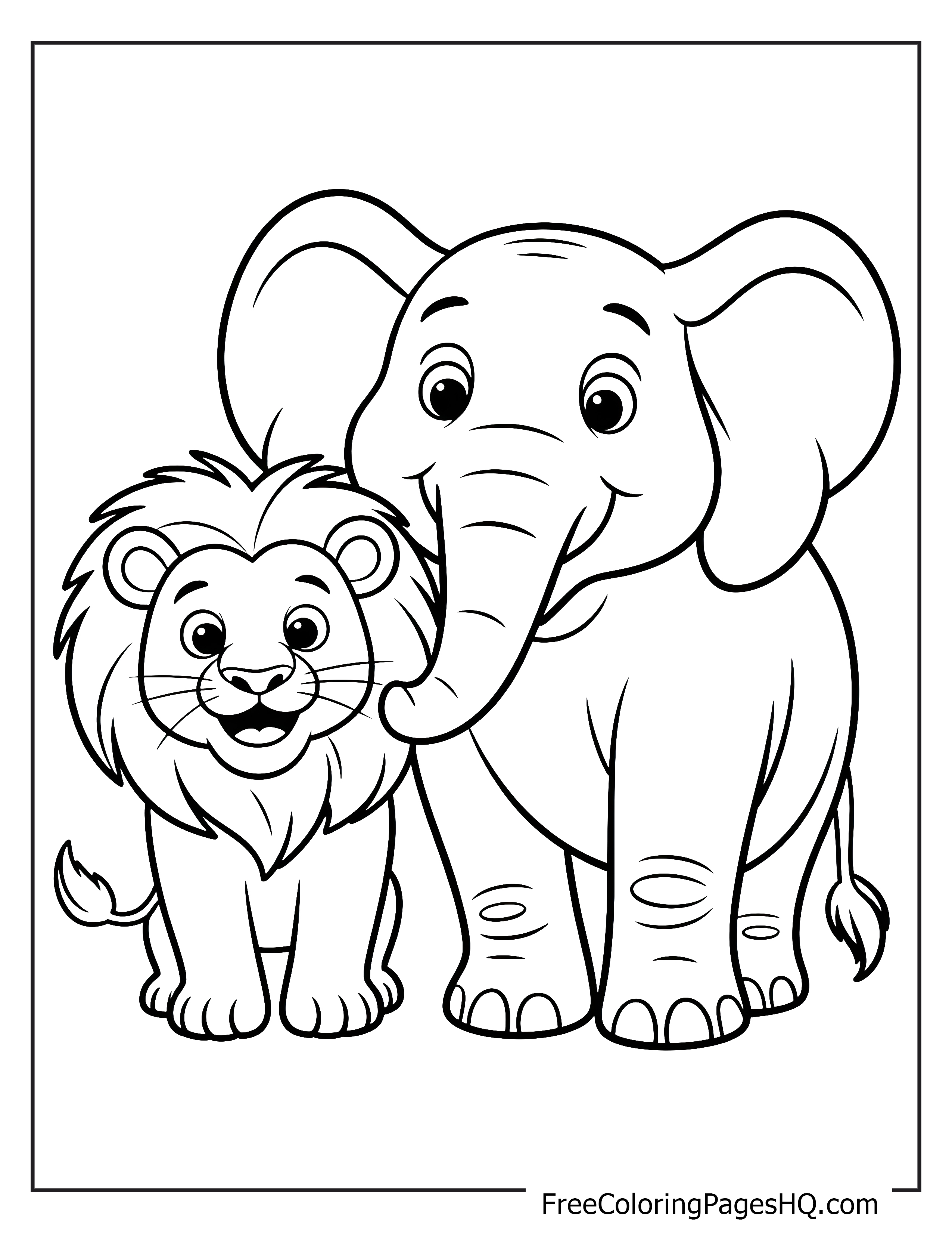 A smiling lion and elephant stand together happily.