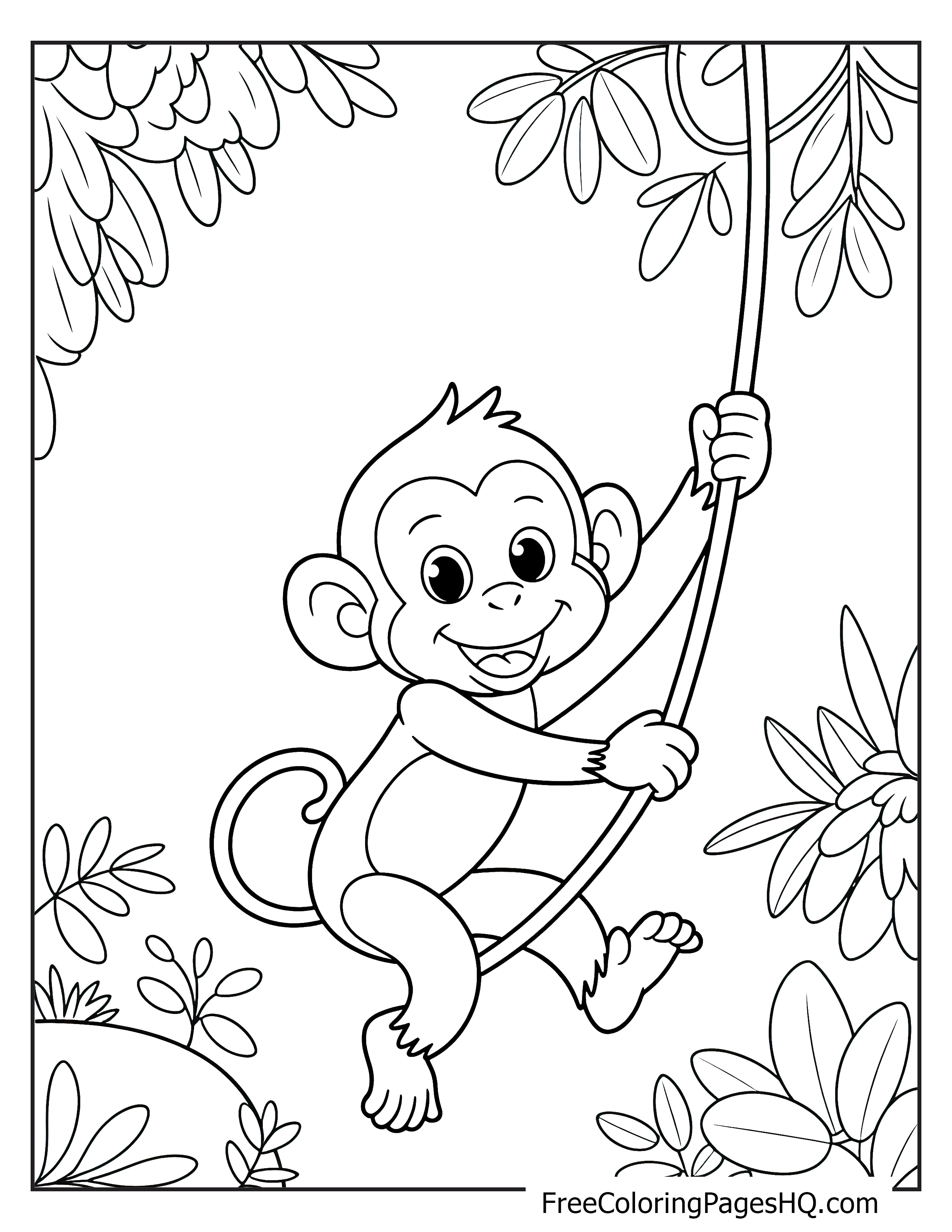 A smiling monkey swings on a vine among jungle leaves.