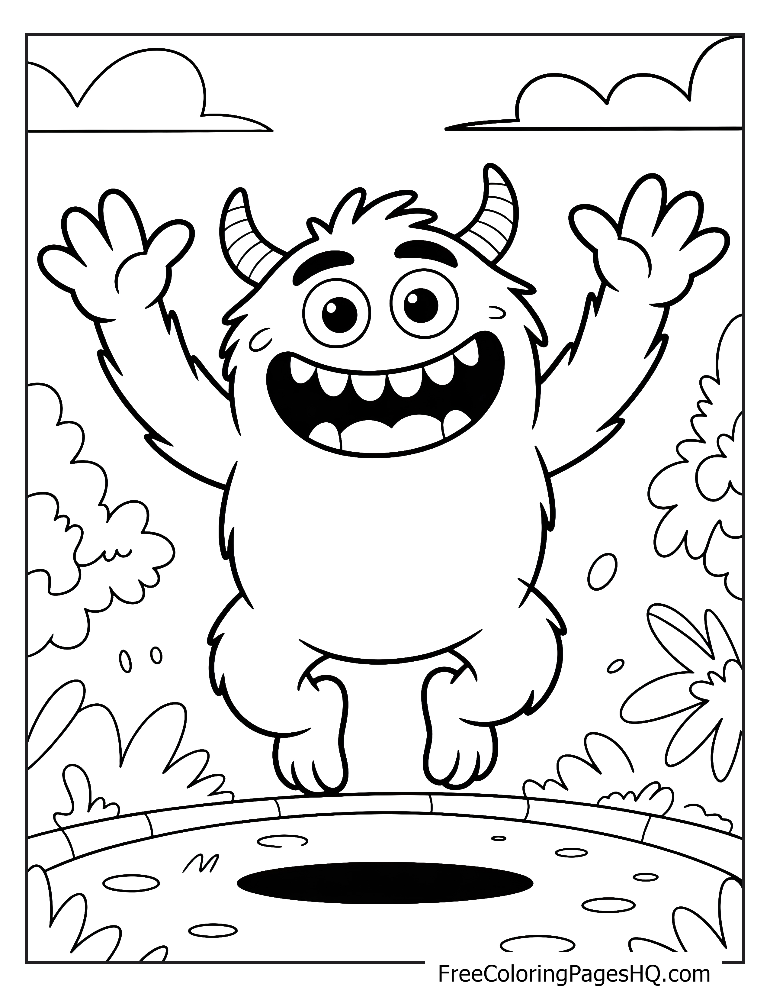 A smiling monster with horns jumps on a trampoline, with clouds and bushes in the background.
